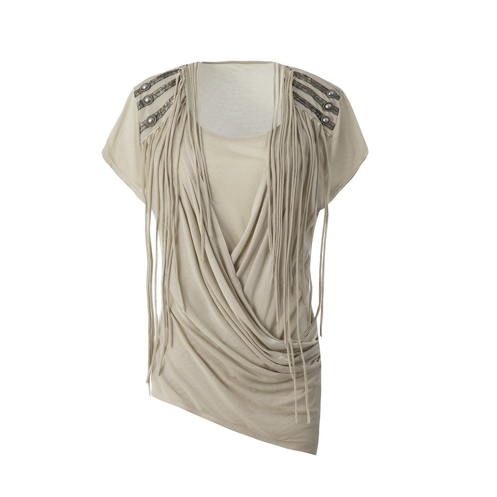 Desert Sand Asymmetric Draped Tassel Knit Women'S Lyocell Short Sleeve T-Shirts