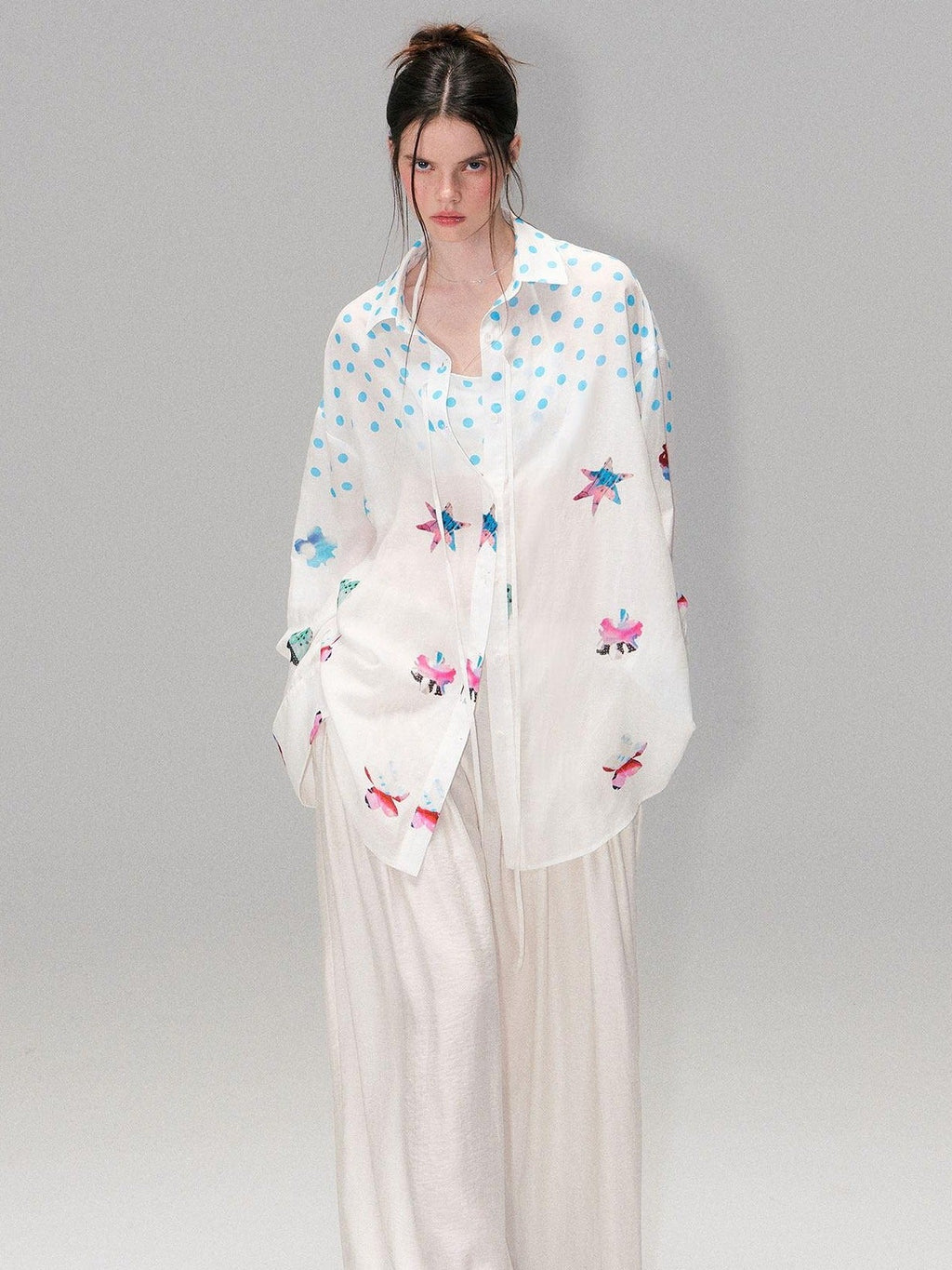 Soft Breathable Linen Blend Relaxed Drop Shoulder Polka Dot Long Sleeve Shirts
