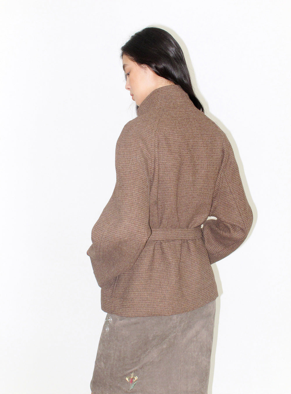 Brown Check Mid-Length Waist Tie Coat