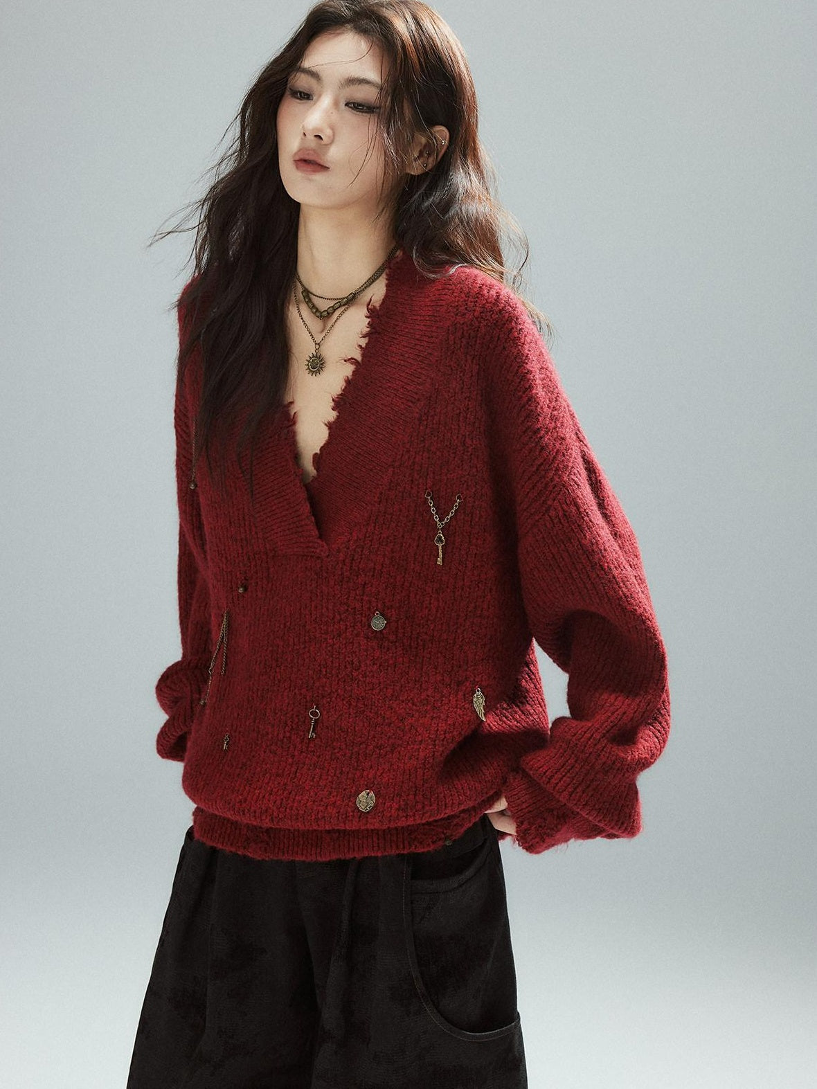 Warm Oversized Street Raw Hem Women V-neck Red Pullover Sweaters