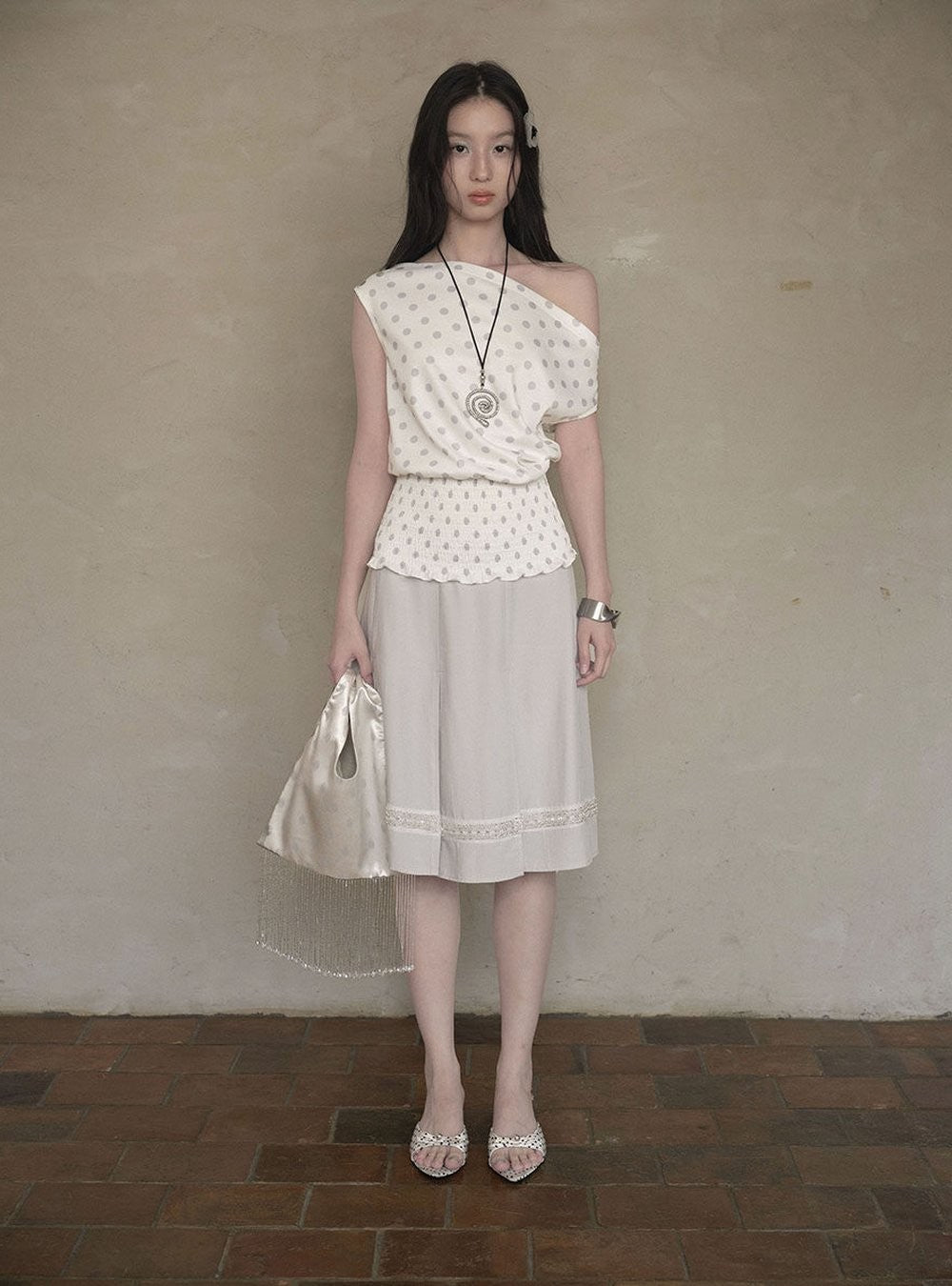 Dot Shirring Waist Top