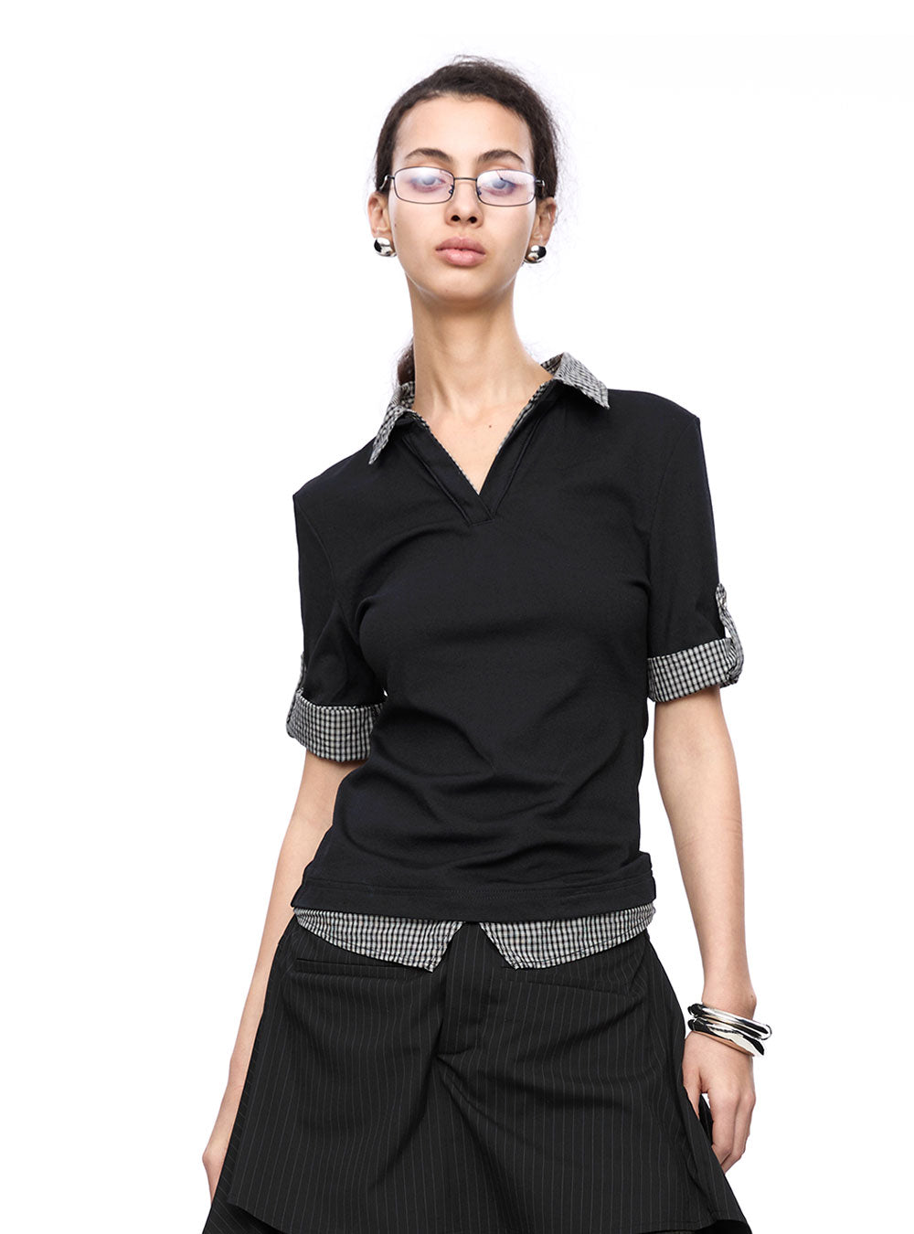 Checkered Patchwork Polo Short Sleeve Top