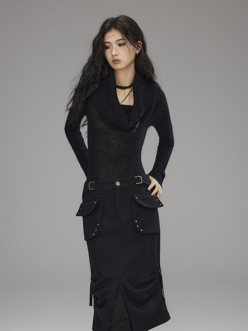 Wool Blend Low Rise Cargo Pockets Front Slit Hline Casual Black Midi Skirts