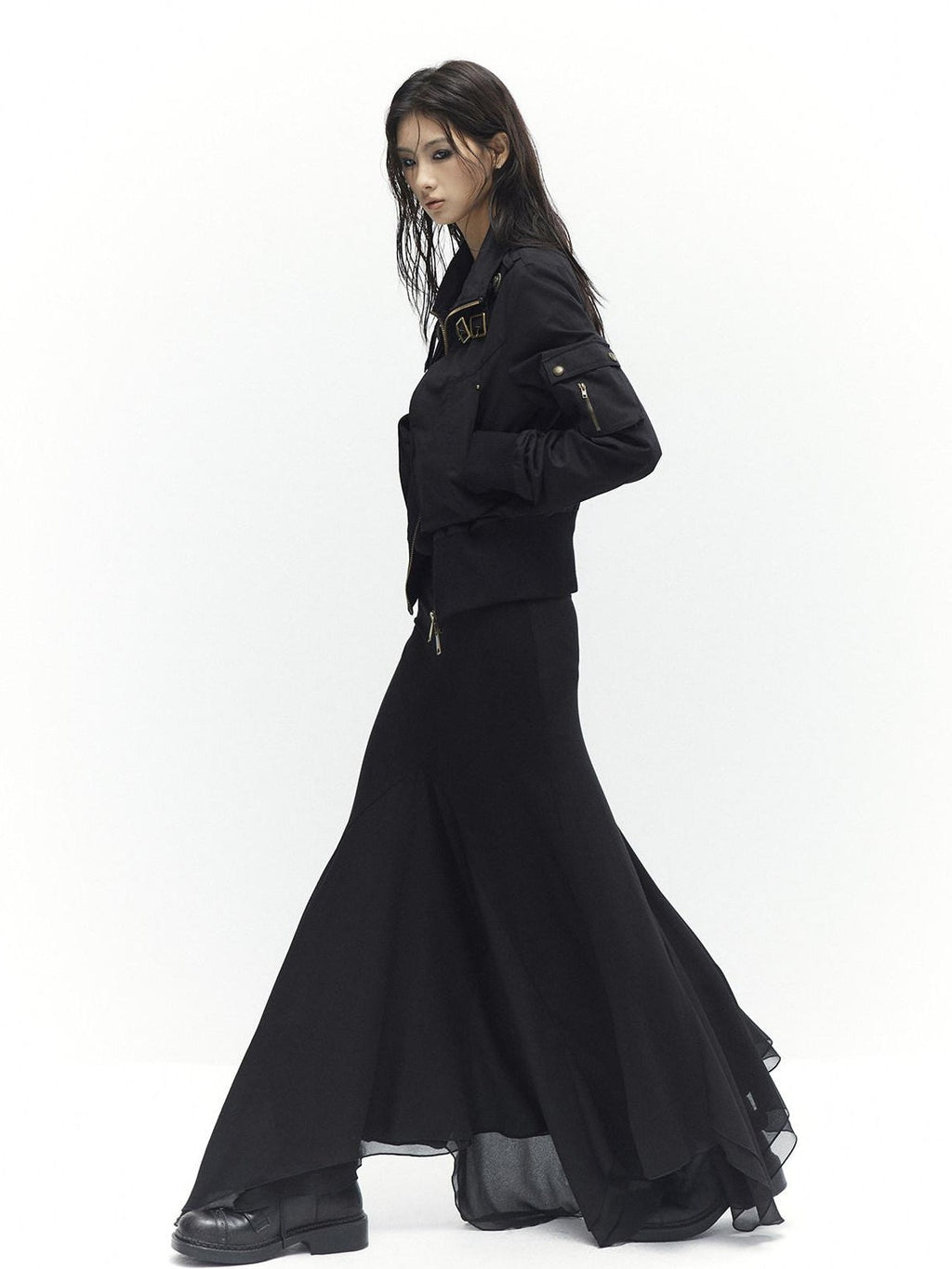 Plush Lined Waist Cinch Dark Goth Slim Fit Women Zip High Collar Cropped Jackets
