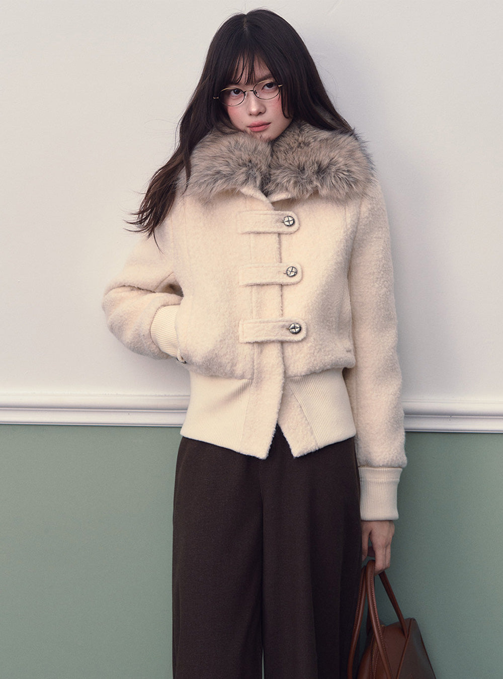 Off White Wool Trim Short Down Jacket