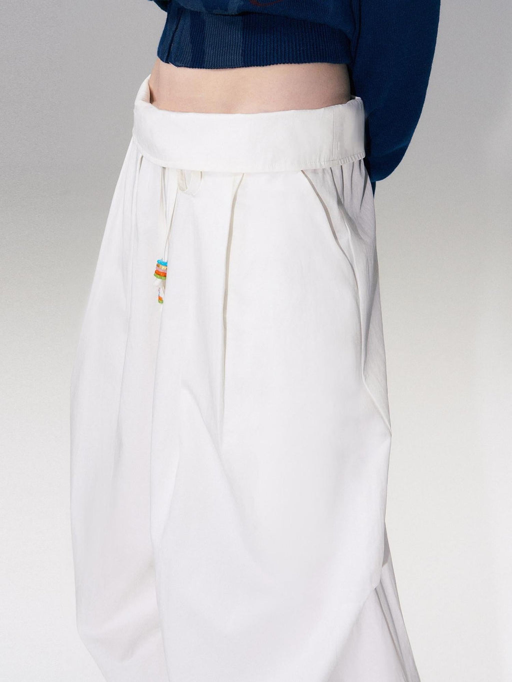 Cotton Blend Vintage Curved Cut Natural Waist Women White Wide Leg Pants