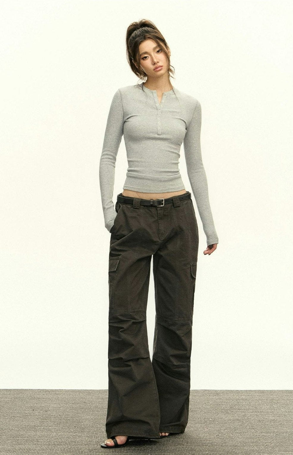 Ribbed Henley Crew Neck Crop Top