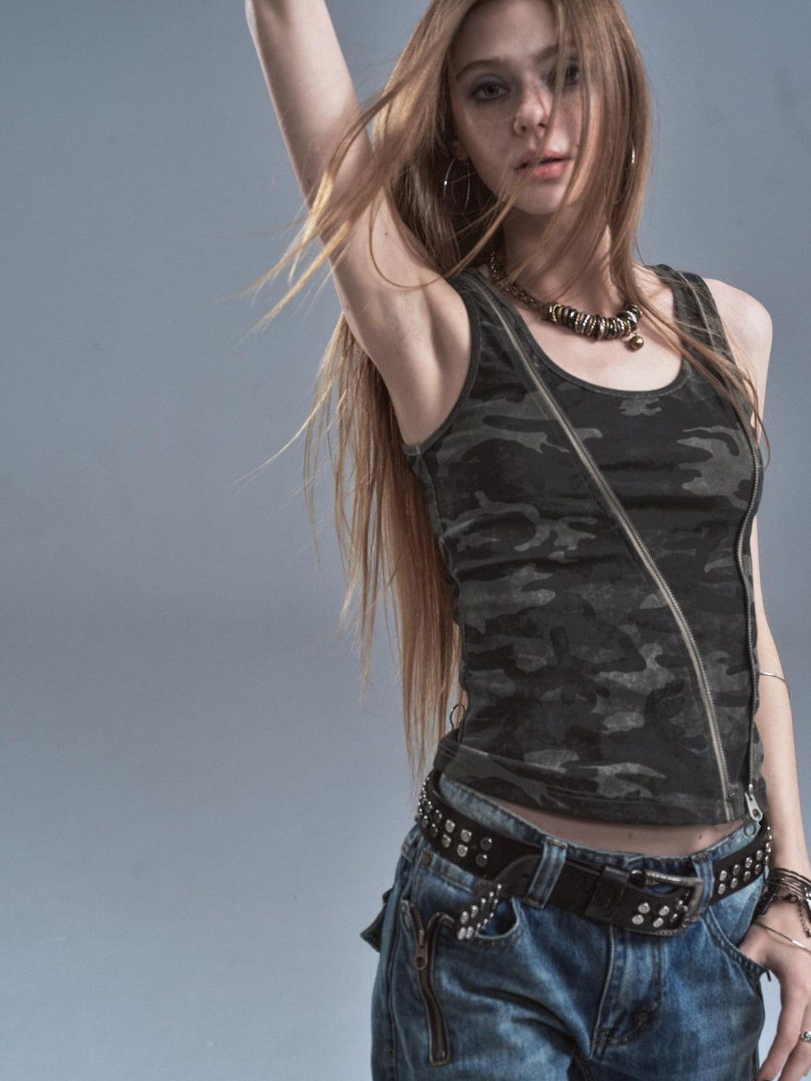 Printed Camo Black Diagonal Zip Two Way Cinched Waist Women'S Cotton Tank Tops