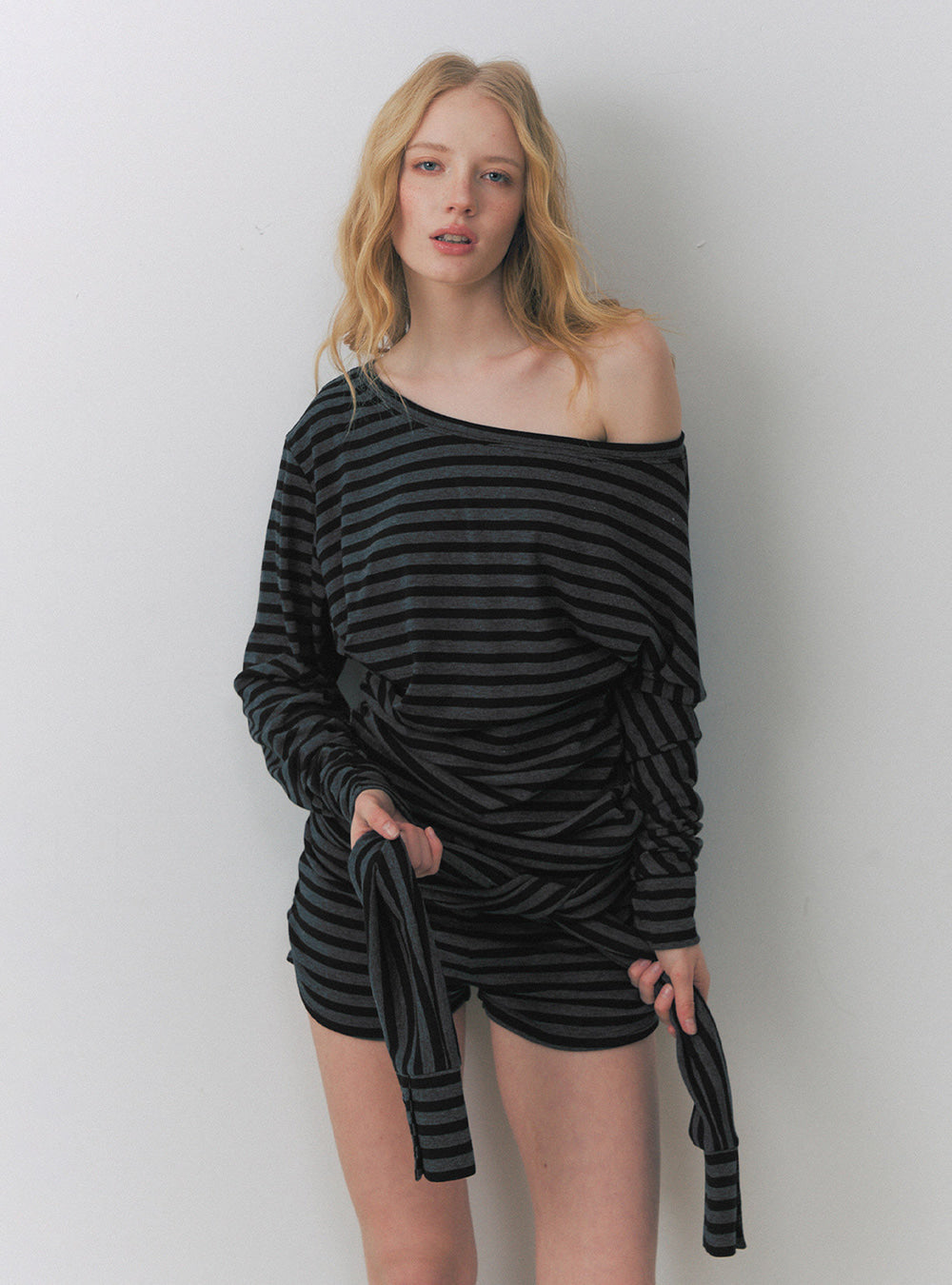 Asymmetry Drape Stripe Top (2color)