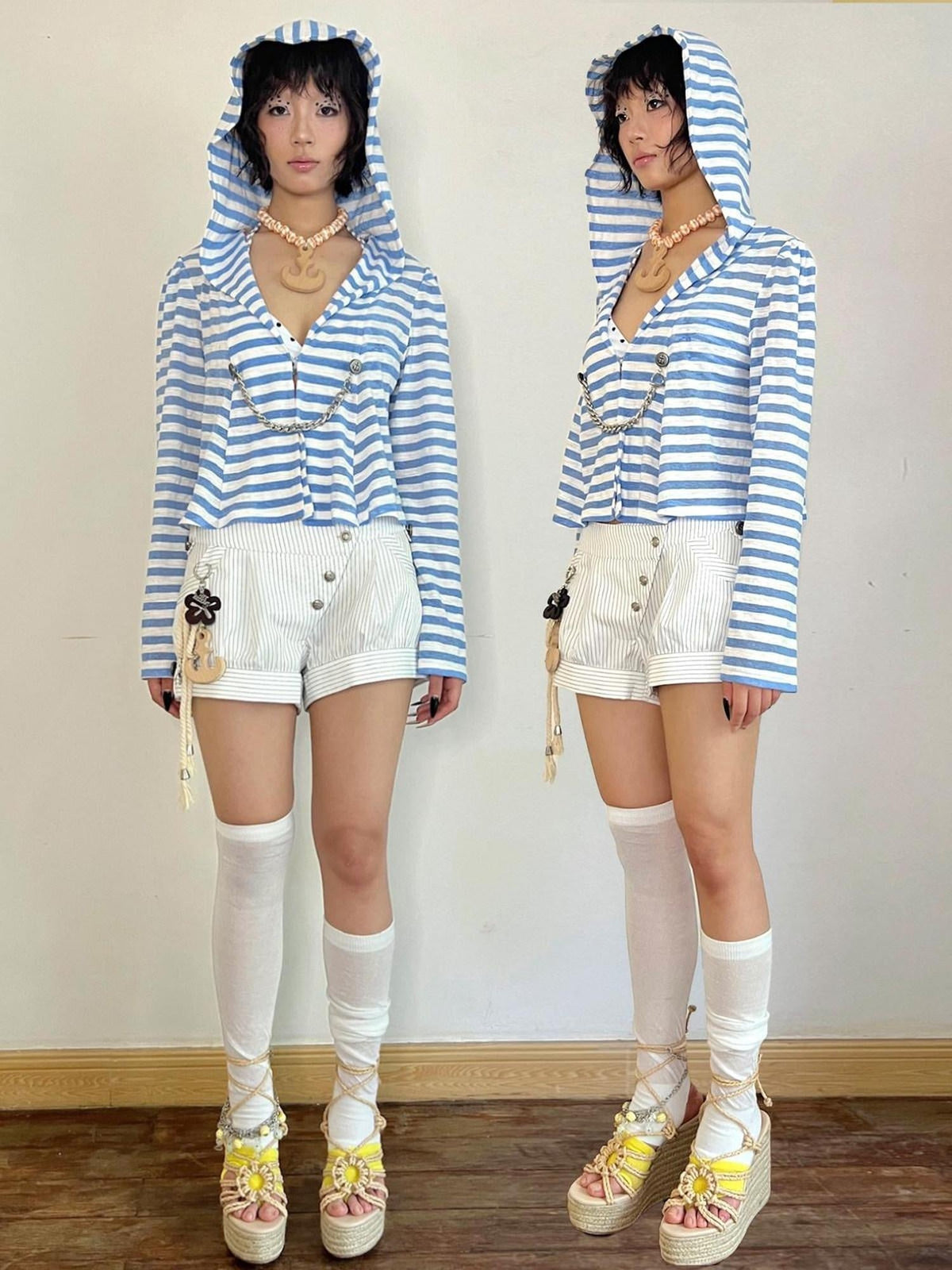 Uv Asymmetric Slim Longsleeve Women Blue Striped Cross Print Basic Crop Tops