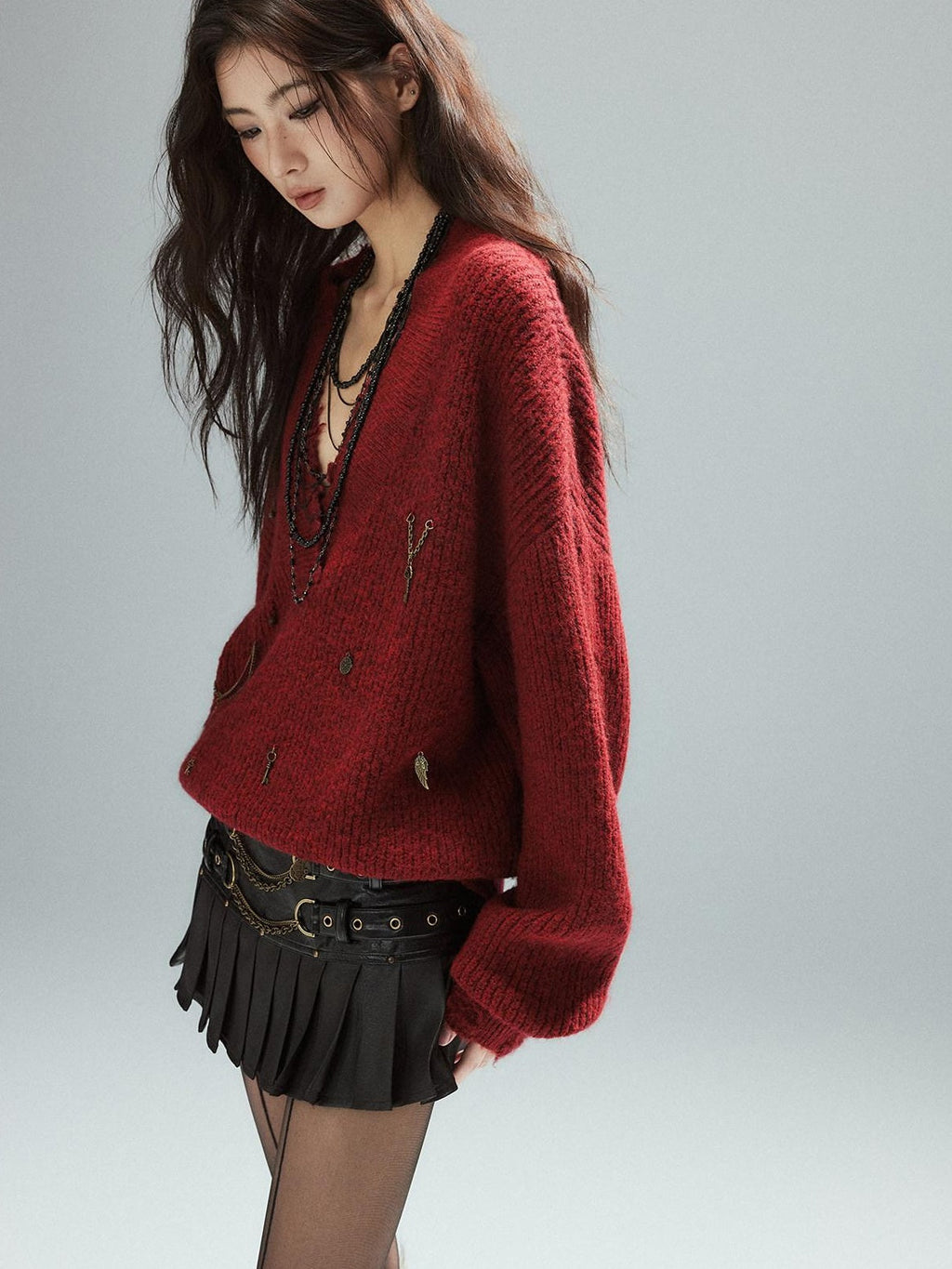 Warm Oversized Street Raw Hem Women V-neck Red Pullover Sweaters