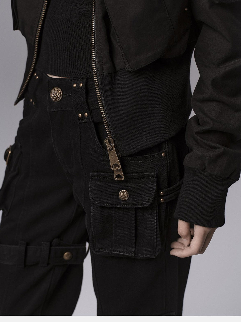 Dark Gothic Flared Mid Rise Pocketed Cotton Zip Fly Women Black Cargo Pants