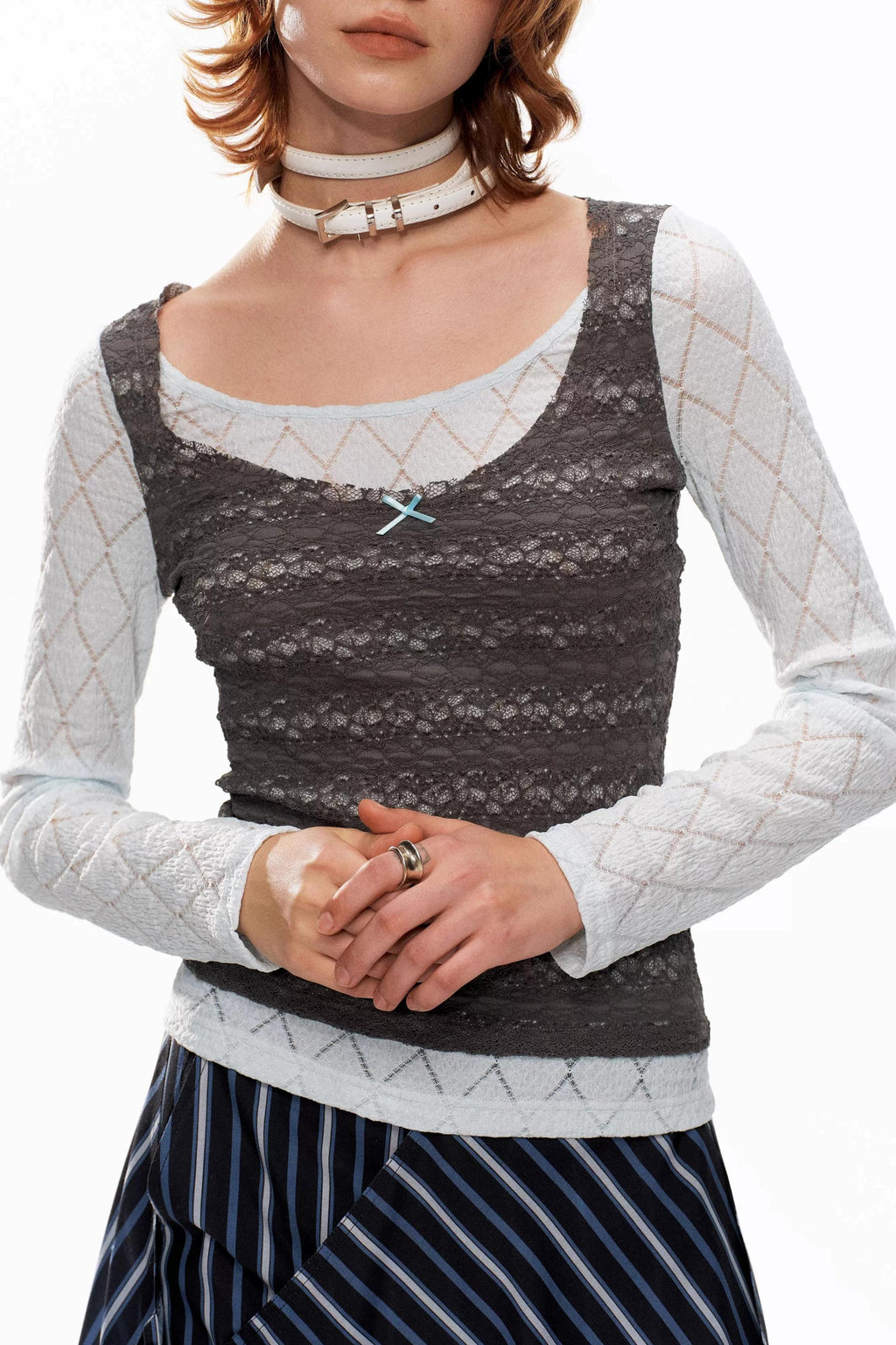 Blue-Gray Lace Knit Top