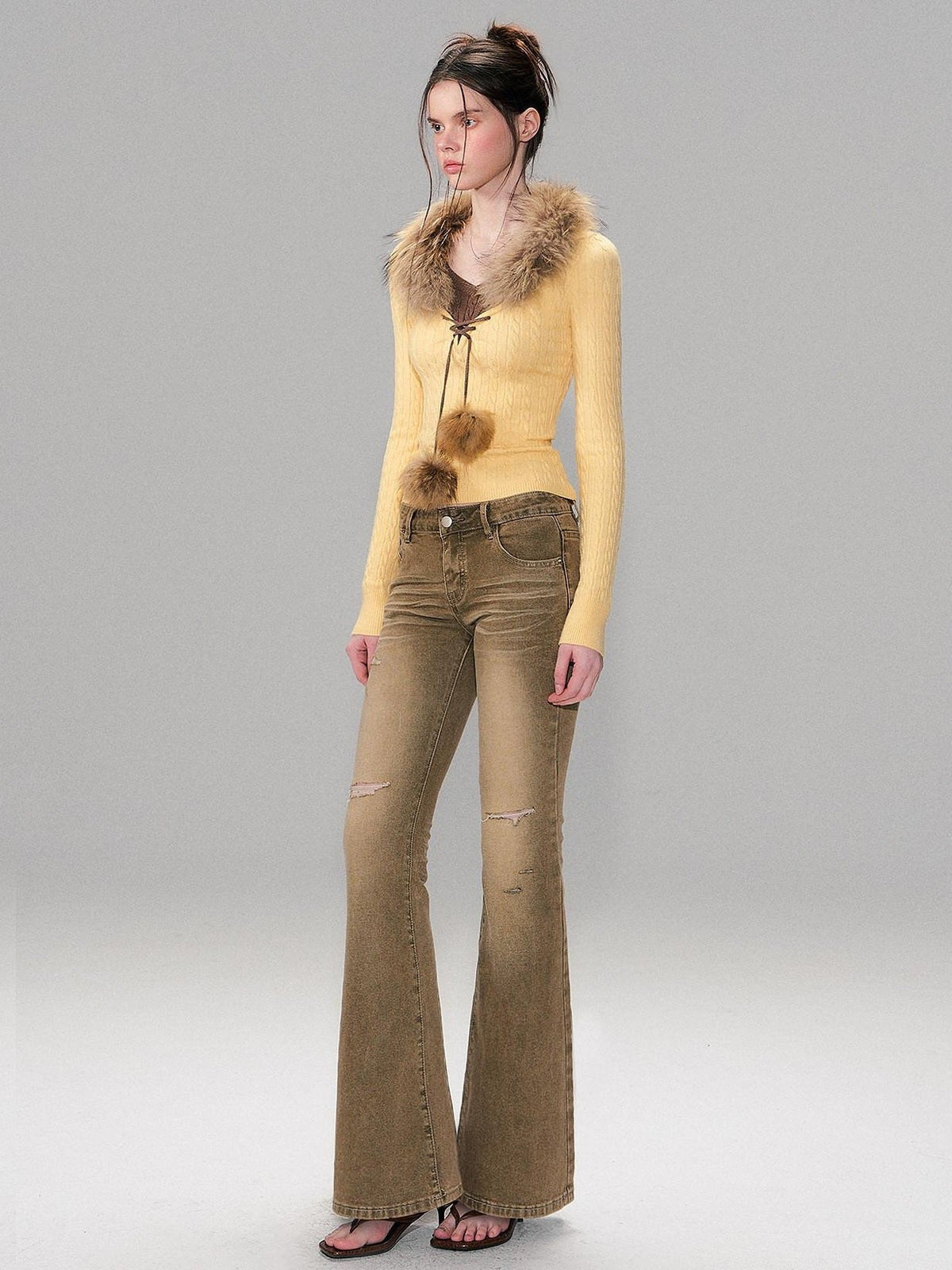 Brown Washed Low Rise Ripped Sexy Slim Fit Cotton Slight Stretch Womens Jeans