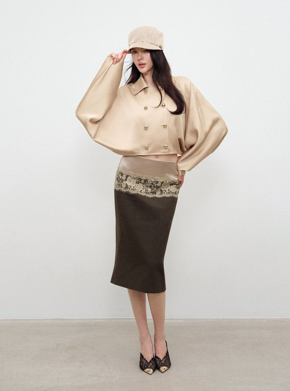 Lace Satin Trim Midi Skirt