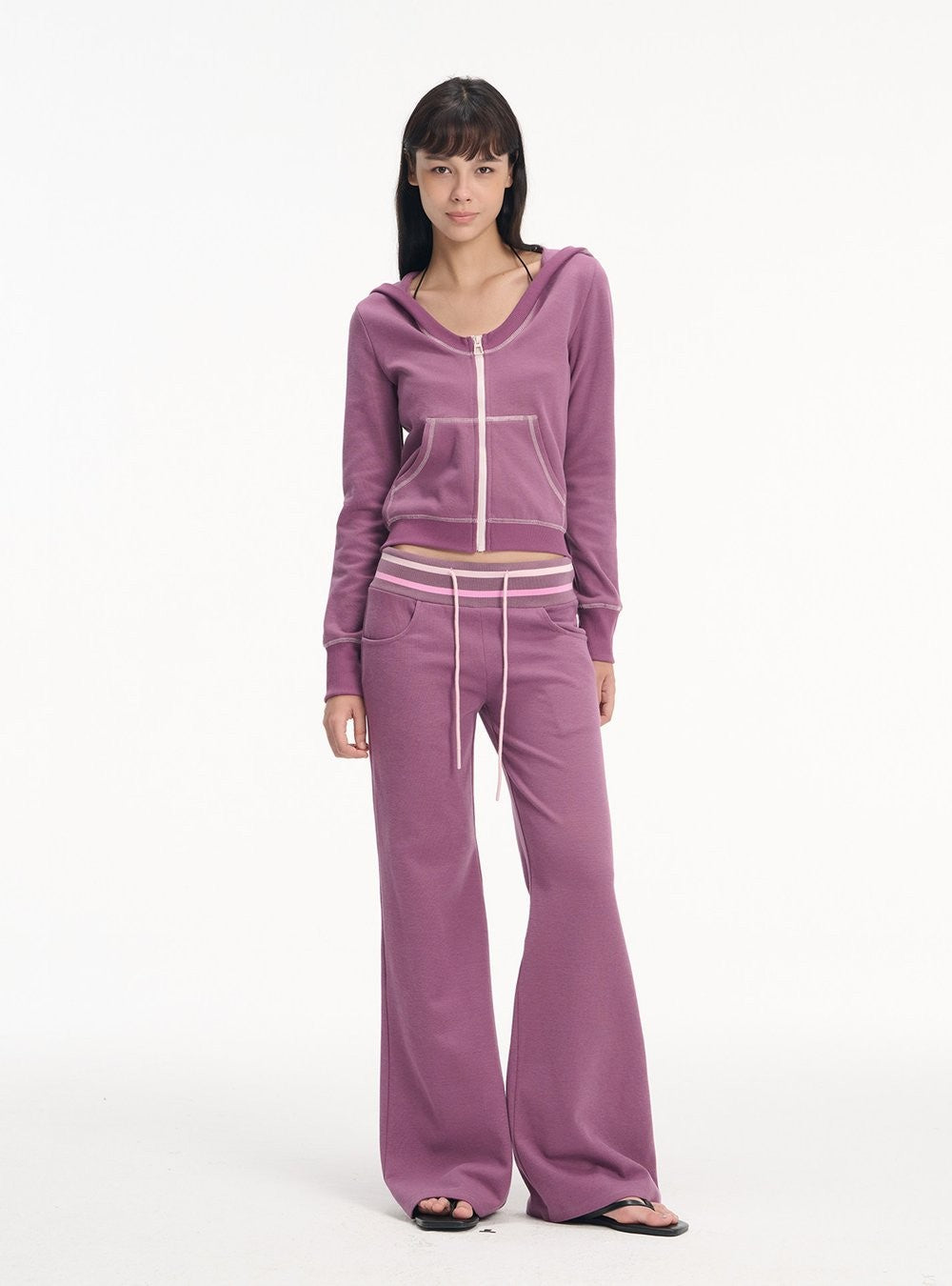 Contrast Hooded Zip-Up & Wide Pants (2color)