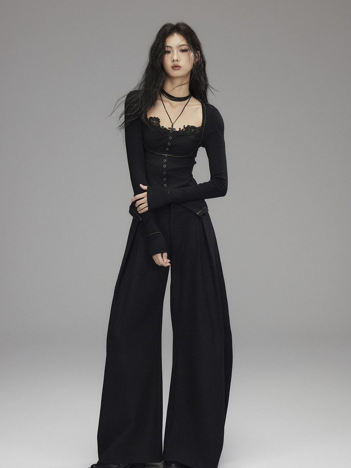 Black Wool Blend Low Rise Zipper Casual Straight Hem Women Wide Leg Pants