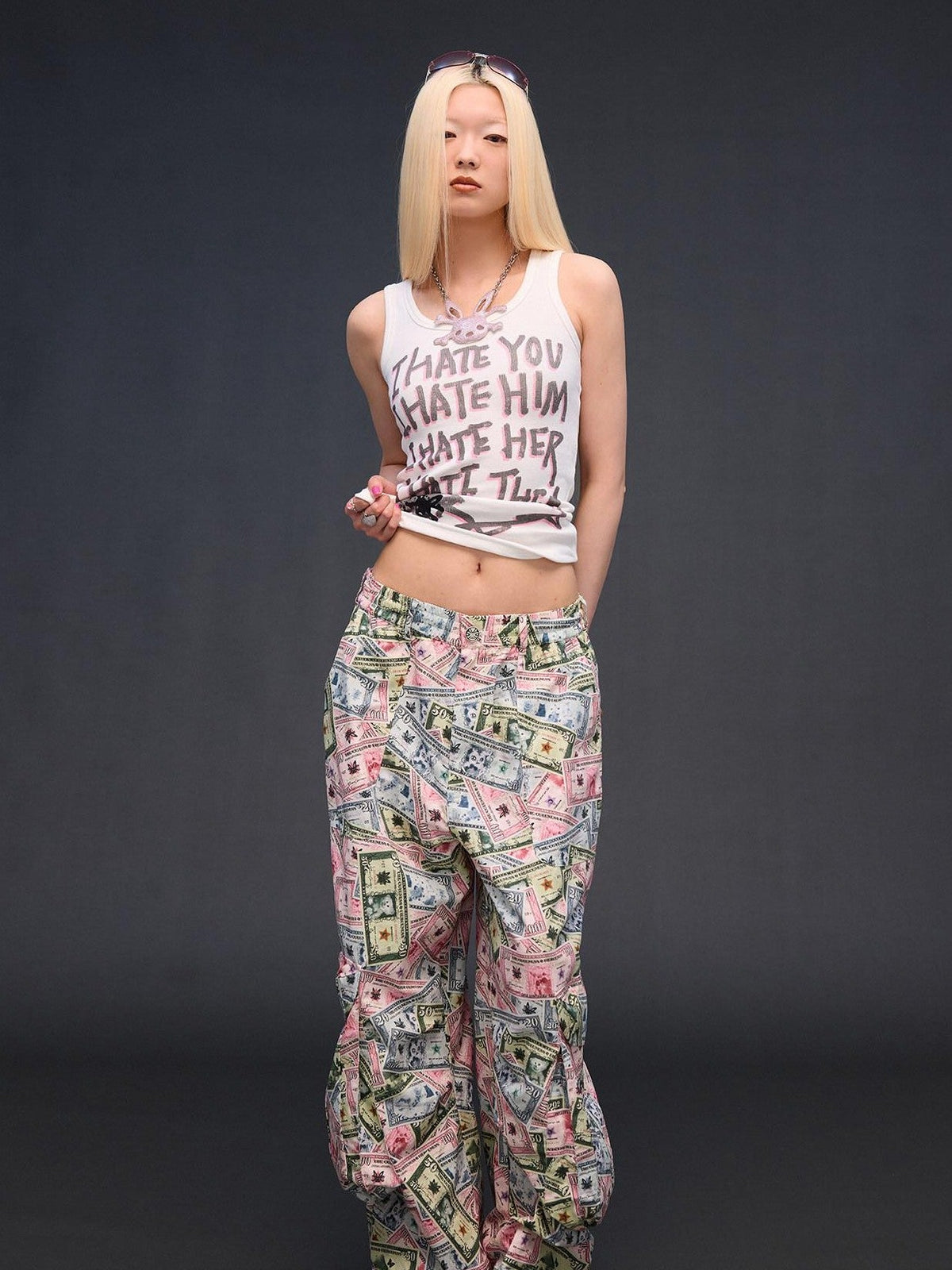 Money Print Cargo Multi Pocket Women'S Cotton Wide-Leg Pants
