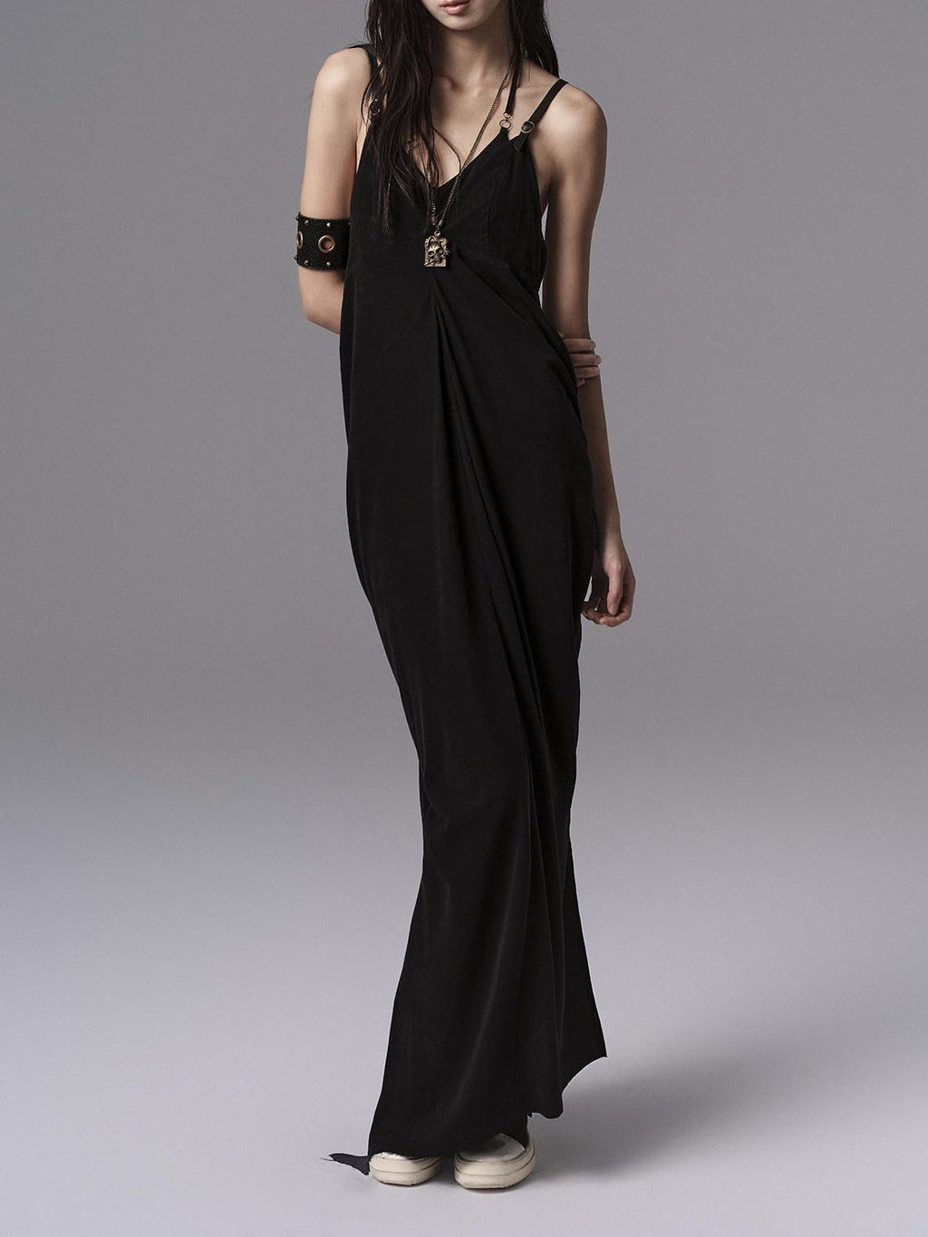 Pure Cupro Slim Fit Dark Gothic Vneck Camisole Women Black Zip Back Maxi Dresses