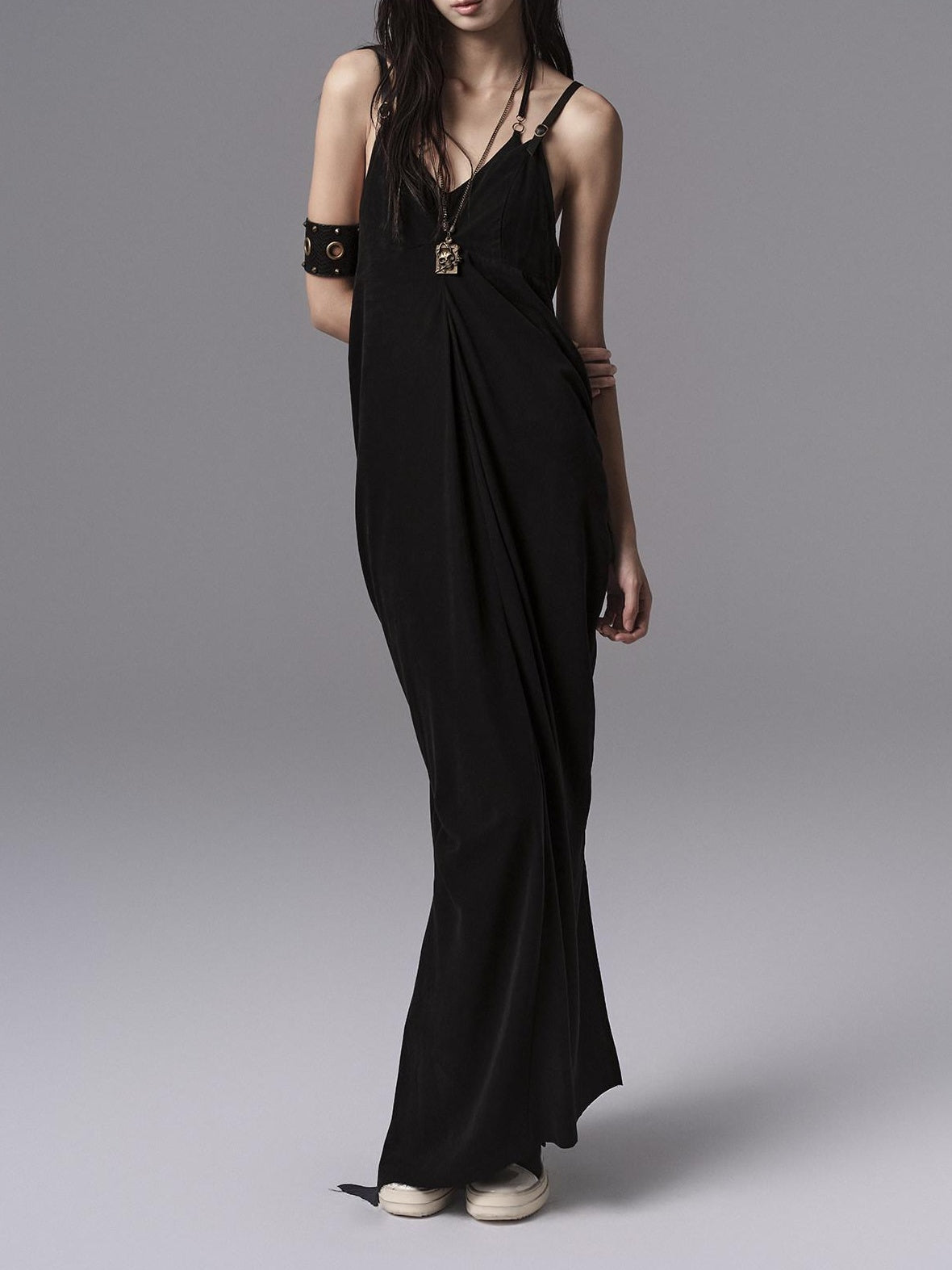 Pure Cupro Slim Fit Dark Gothic Vneck Camisole Women Black Zip Back Maxi Dresses