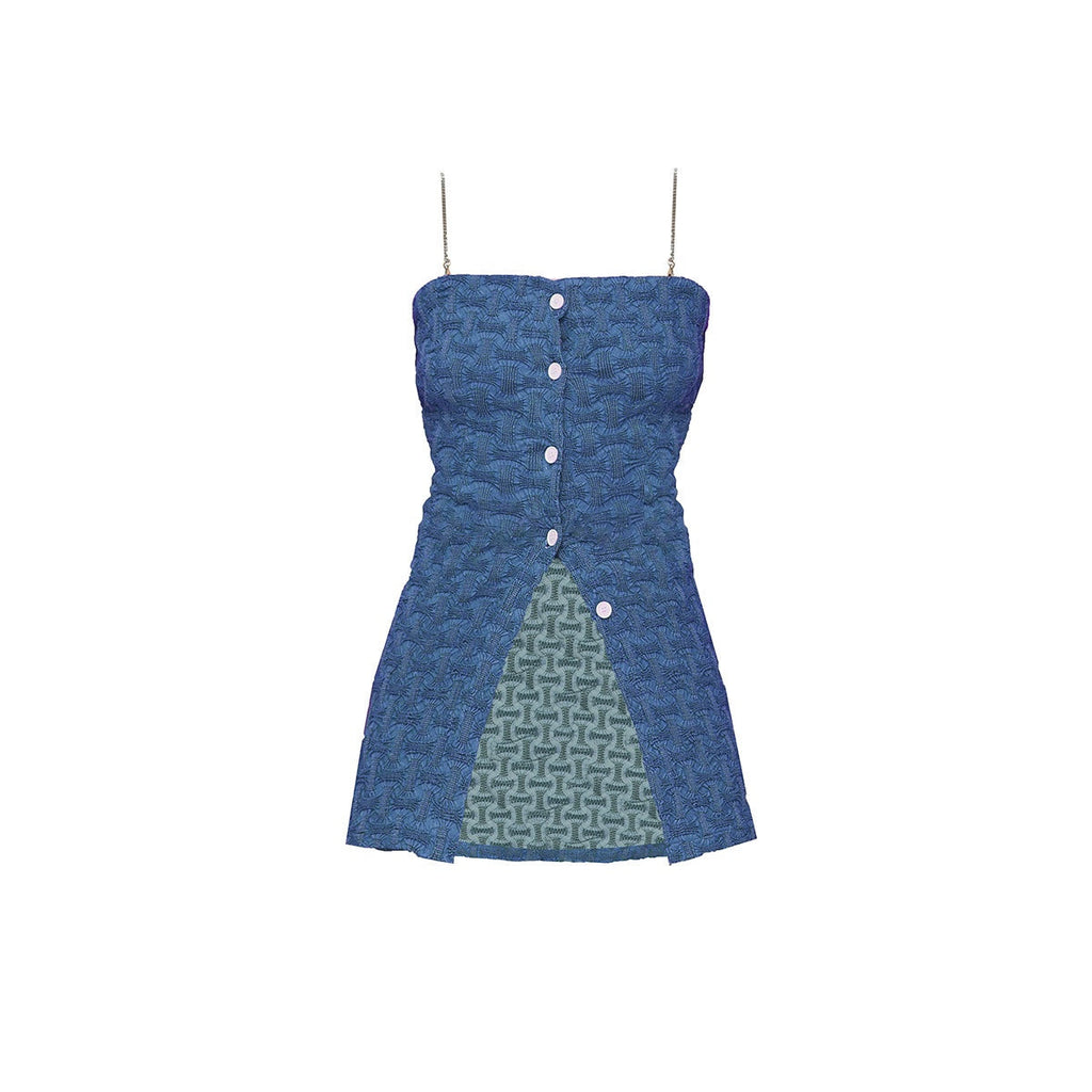 Chain Trim Ruched Button 3D Accent Slim Fit Cotton Blend Women Blue Camisoles
