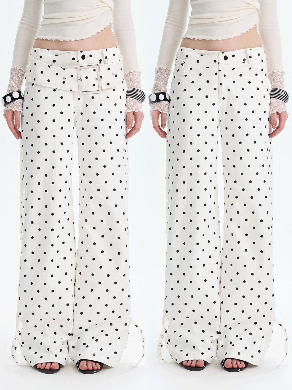 White Polka Dot V Waist Loose Fit Button Fly Women Denim Straight Leg Jeans
