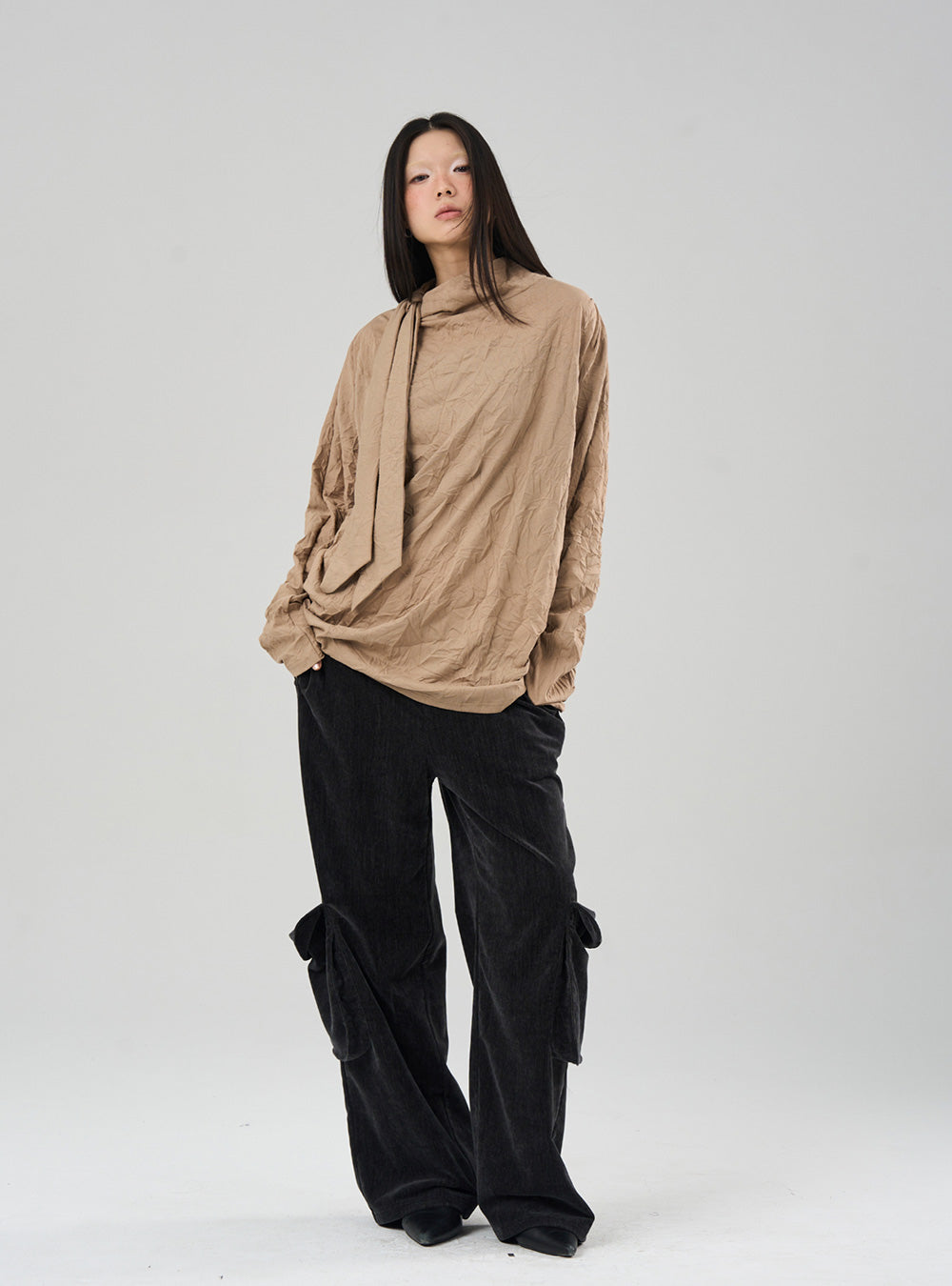 Tie-Neck Textured Loose Knit Top (3color)