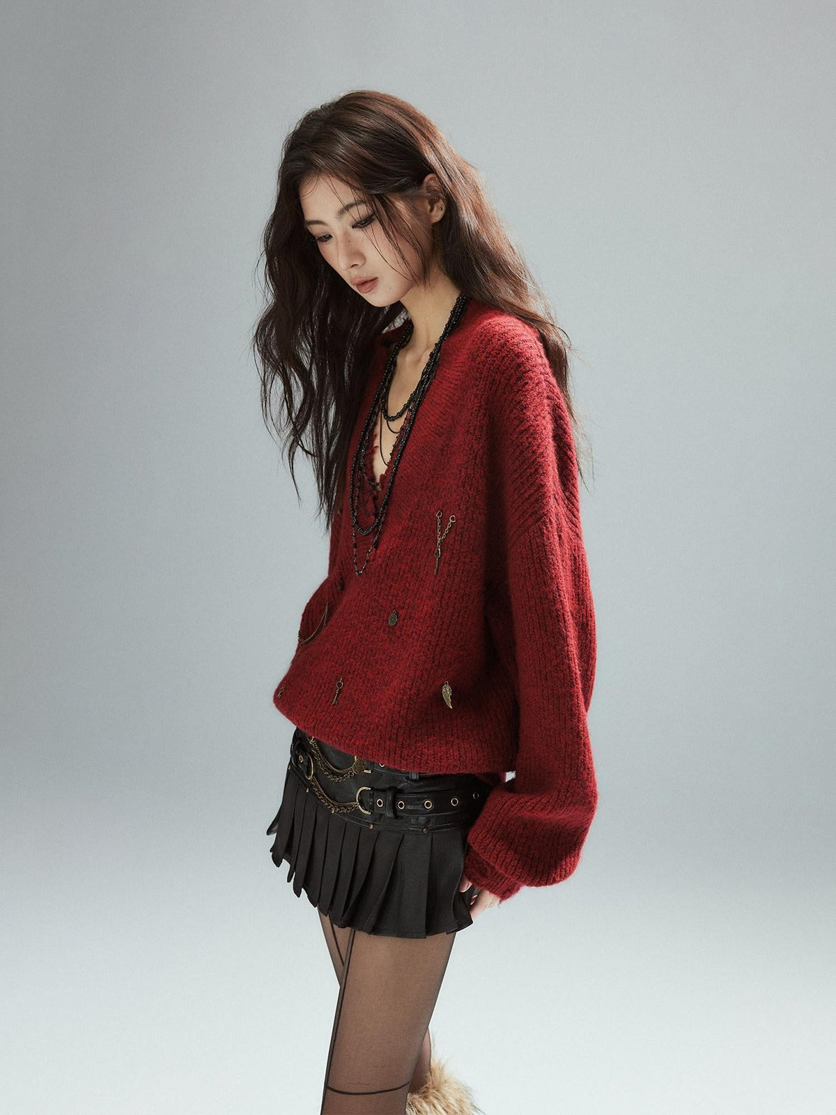 Warm Oversized Street Raw Hem Women V-neck Red Pullover Sweaters