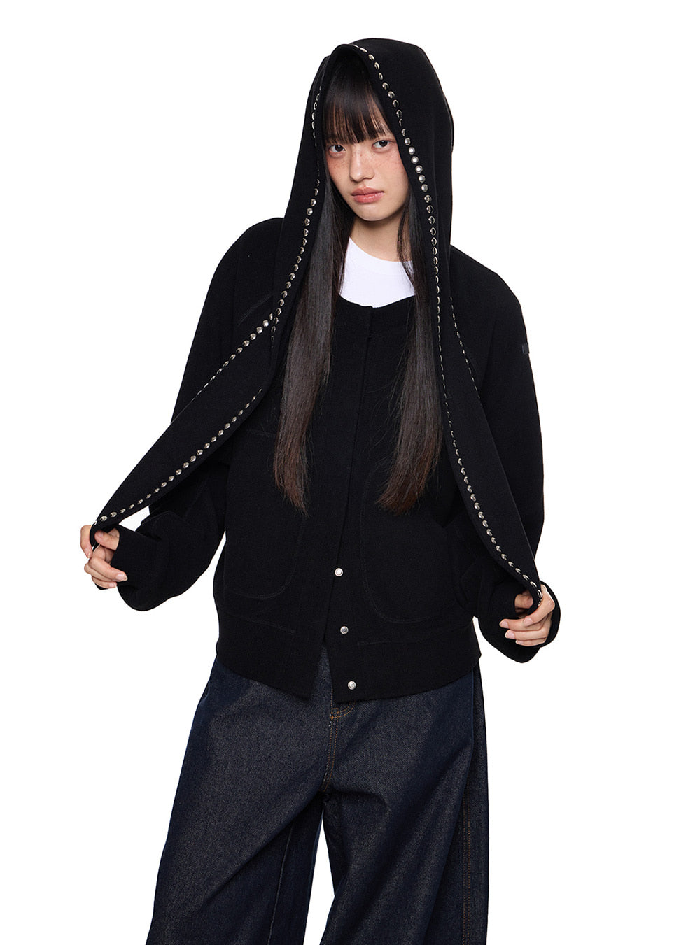 Soft Studded Bunny-Hood Zip Jacket (3color)