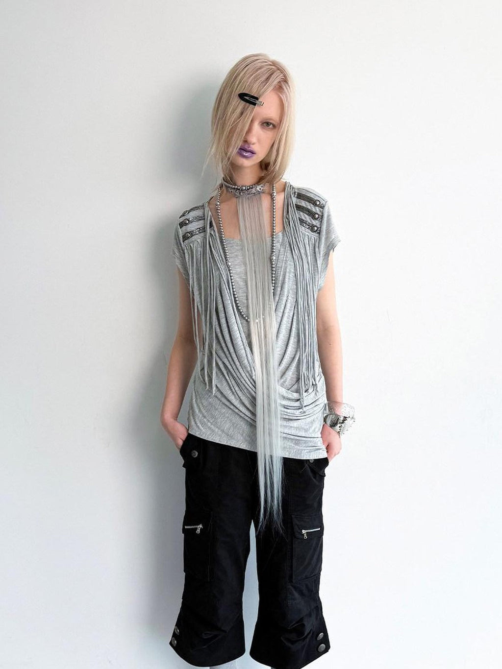 Desert Sand Asymmetric Draped Tassel Knit Women'S Lyocell Short Sleeve T-Shirts