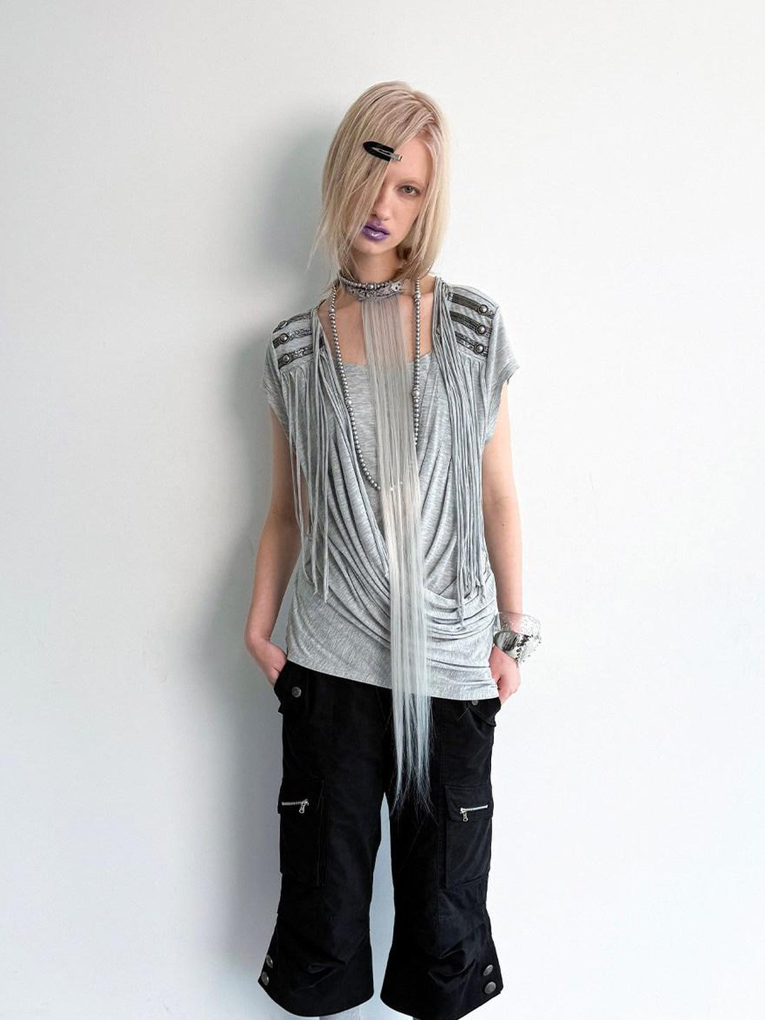Desert Sand Asymmetric Draped Tassel Knit Women'S Lyocell Short Sleeve T-Shirts