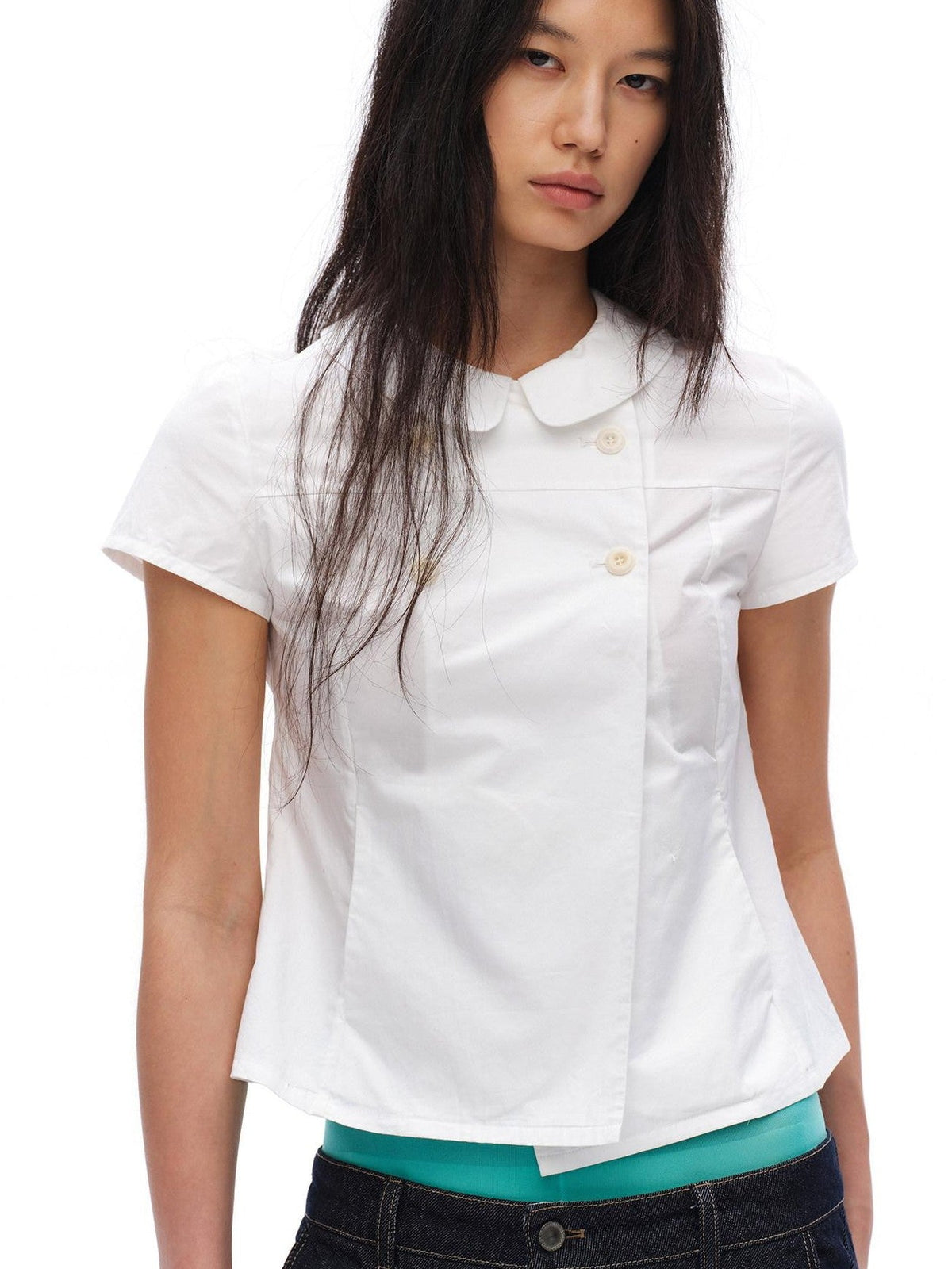 White Double Button Peter Pan Collar Slim Fit Short Sleeve Women'S Cotton Shirts