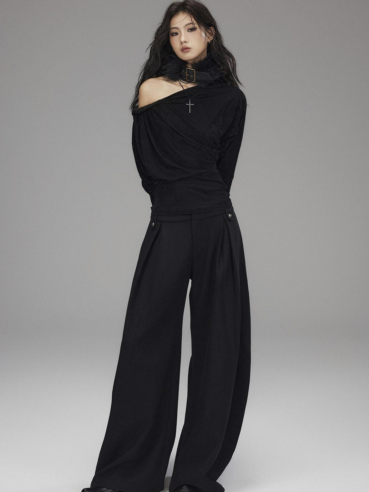 Black Wool Blend Low Rise Zipper Casual Straight Hem Women Wide Leg Pants