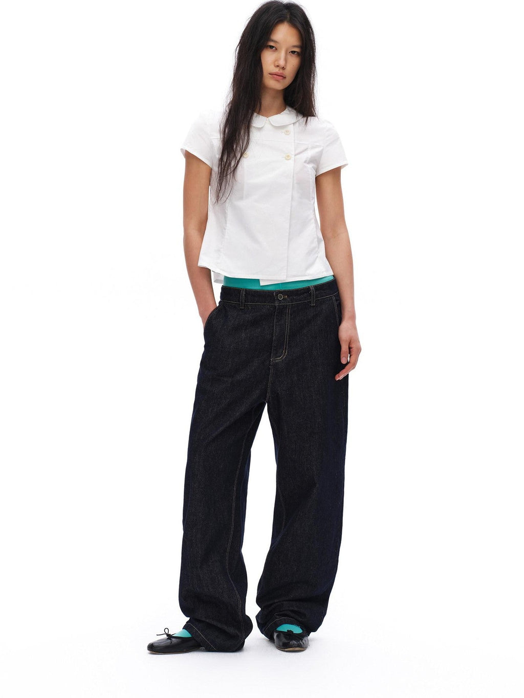 White Double Button Peter Pan Collar Slim Fit Short Sleeve Women'S Cotton Shirts