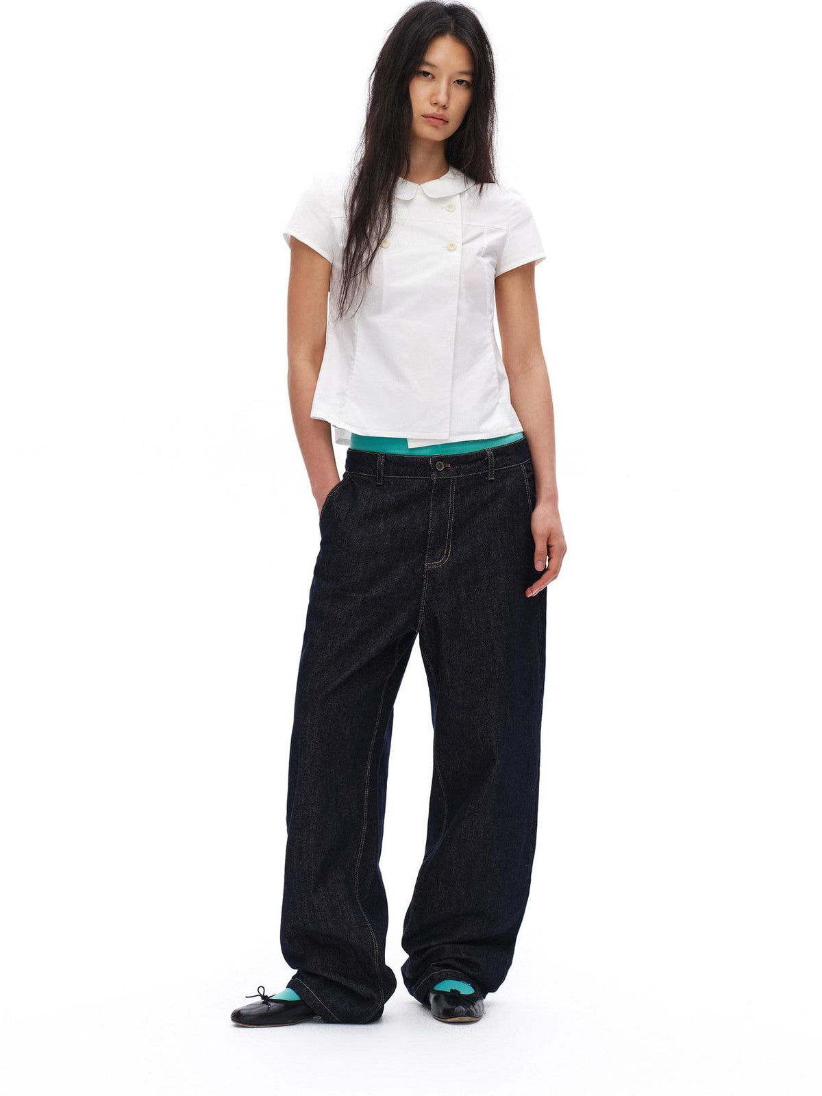 White Double Button Peter Pan Collar Slim Fit Short Sleeve Women'S Cotton Shirts
