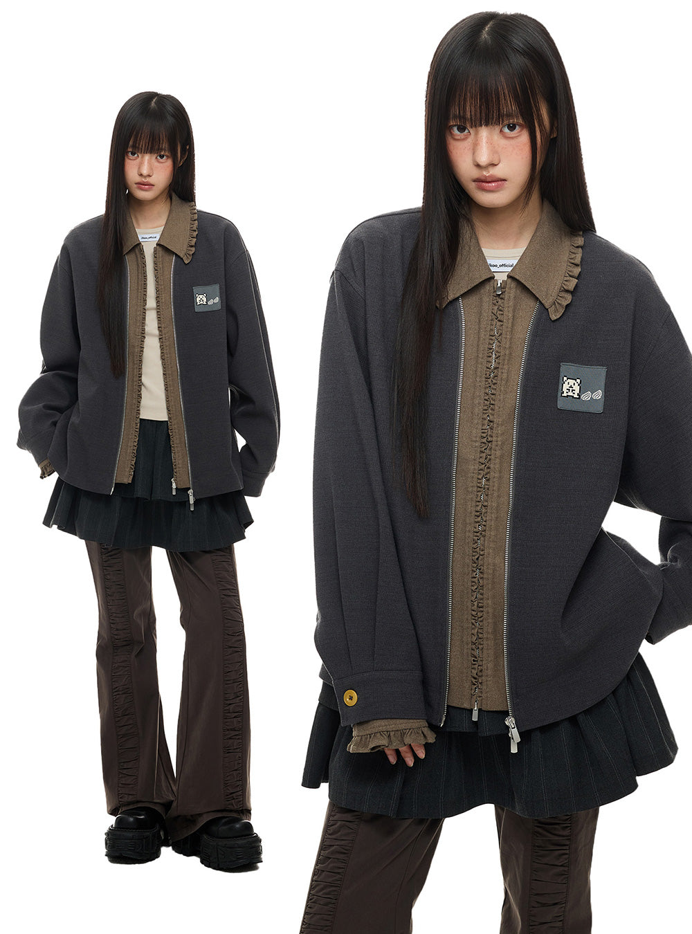 Ruffle Zip Patch Jacket