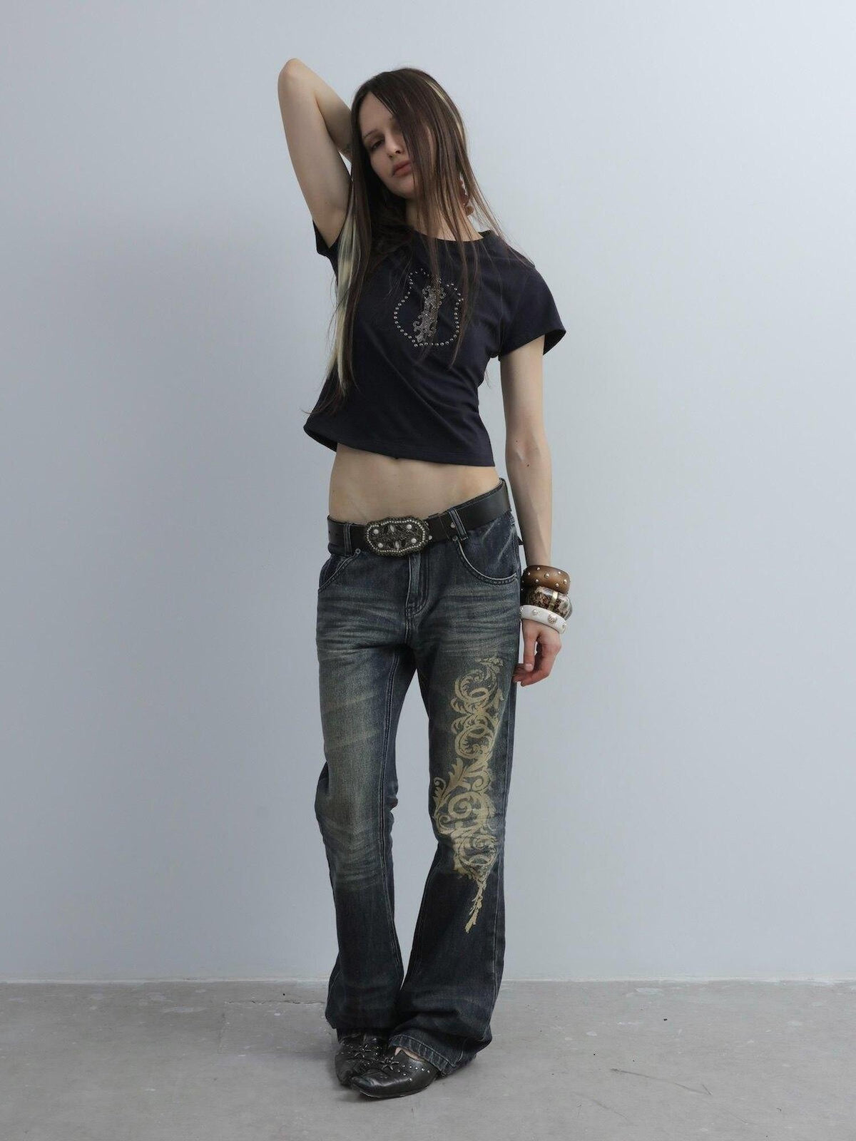 Cropped Hotfix Rhinestone Slim Fit Vintage Women'S Cotton Short Sleeve T-Shirts