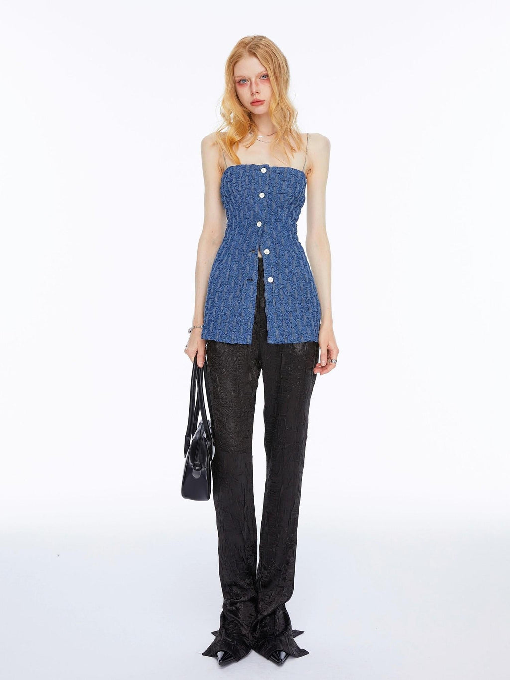 Chain Trim Ruched Button 3D Accent Slim Fit Cotton Blend Women Blue Camisoles