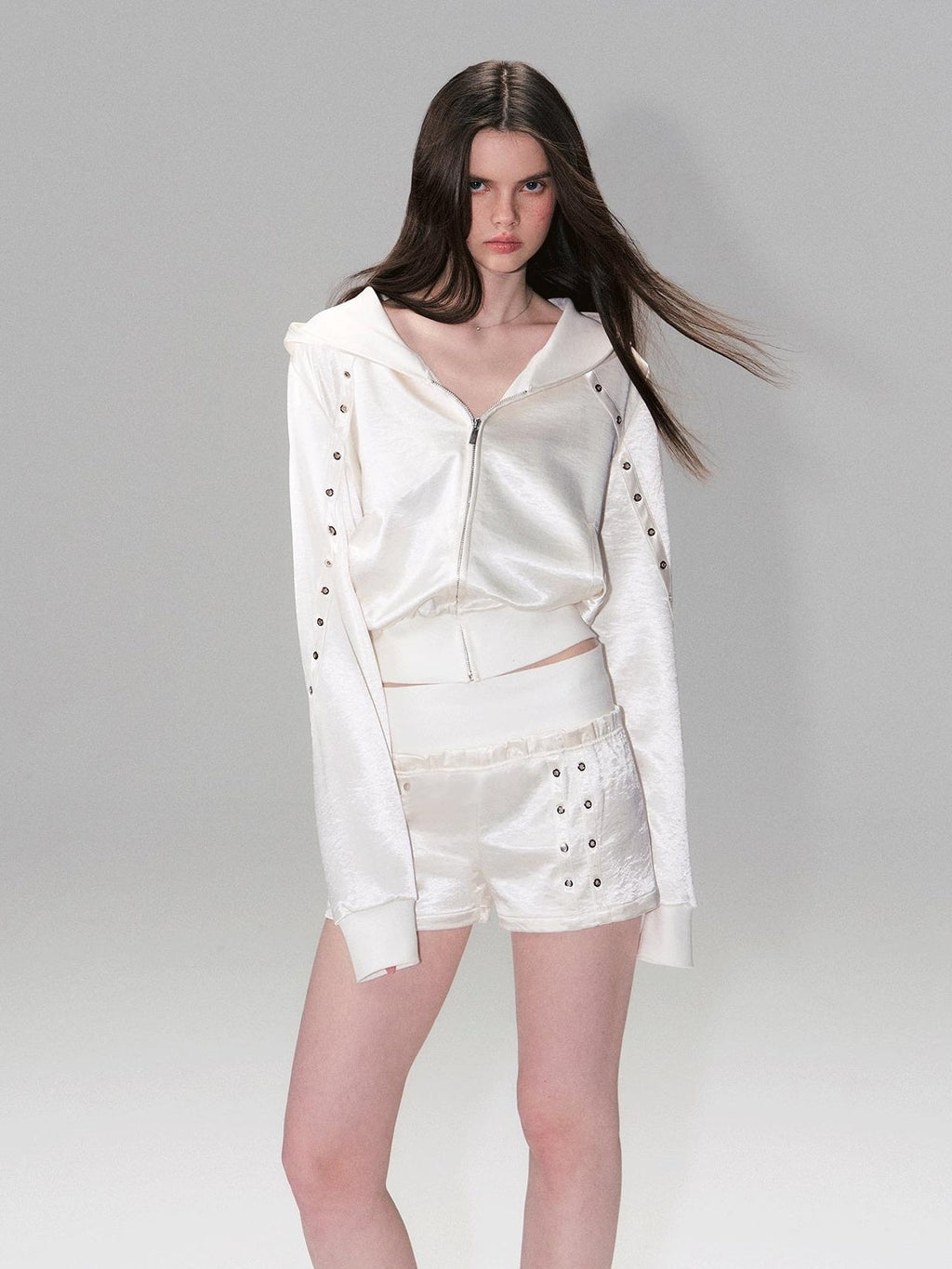 Cozy Cropped Two Piece Set Long Sleeve High Waist Shorts Women Solid Hoodie