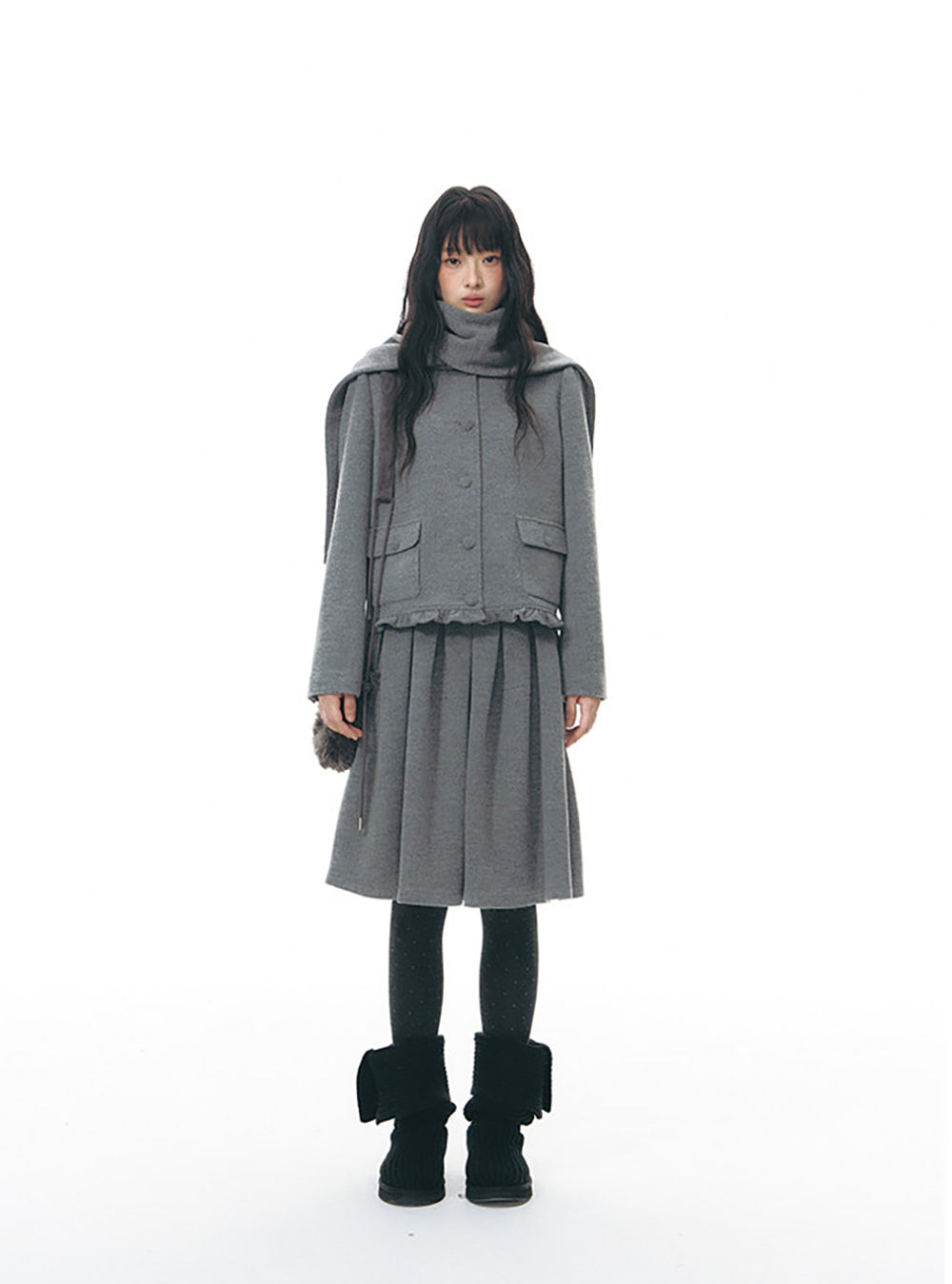 Textured Knit Jacket Scarf Set (2color)