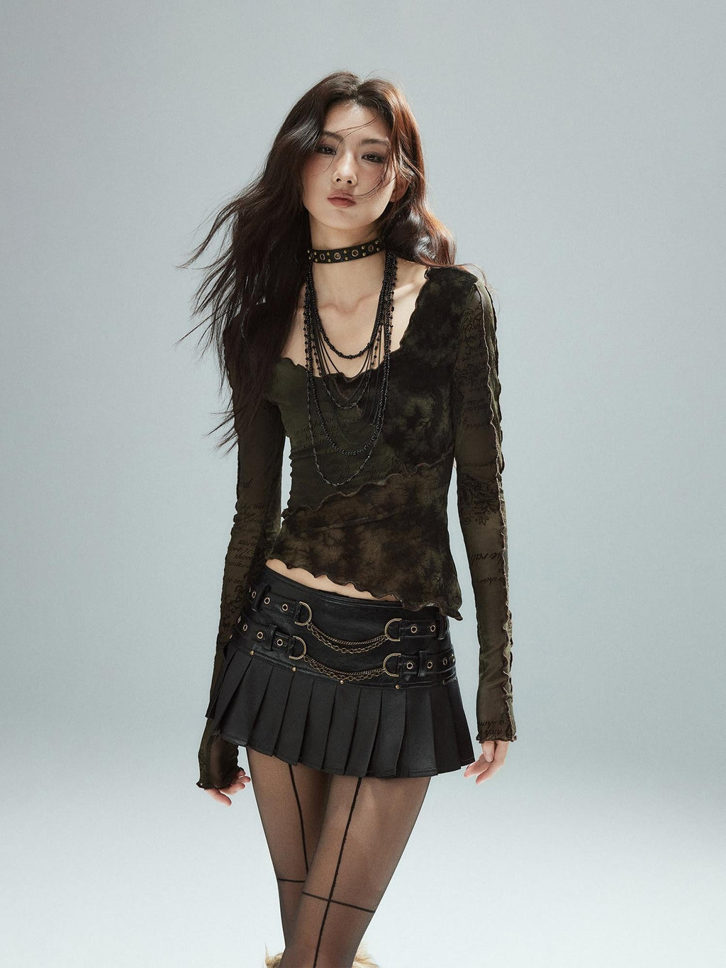 Low Waist Pleated A Line Street Patchwork Chain Zipper Lined Black Mini Skirts