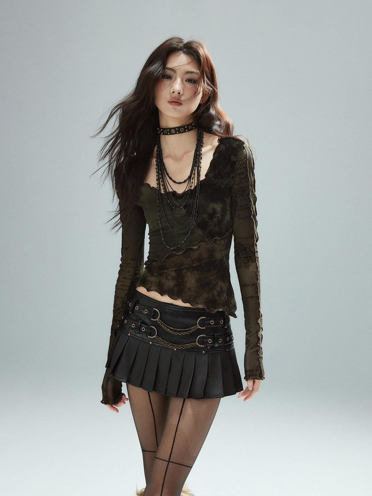 Low Waist Pleated A Line Street Patchwork Chain Zipper Lined Black Mini Skirts