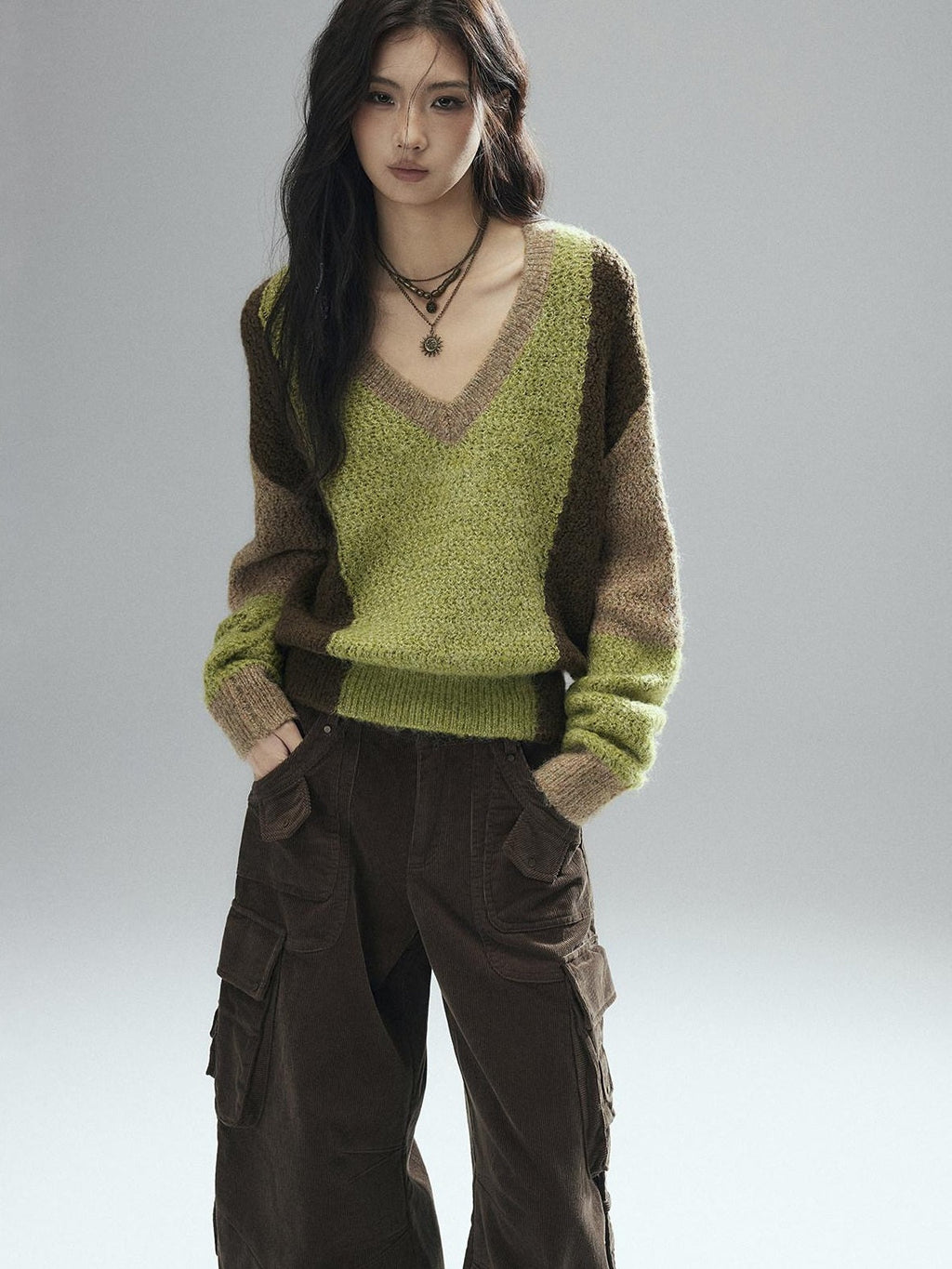 Thick Sheep Wool Patchwork Streetwear Loose Fit V-neck Pullover Youth Sweaters