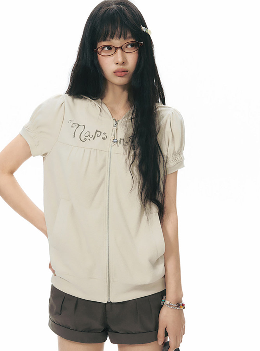 Text Embroidered Hood Zip-Up Top