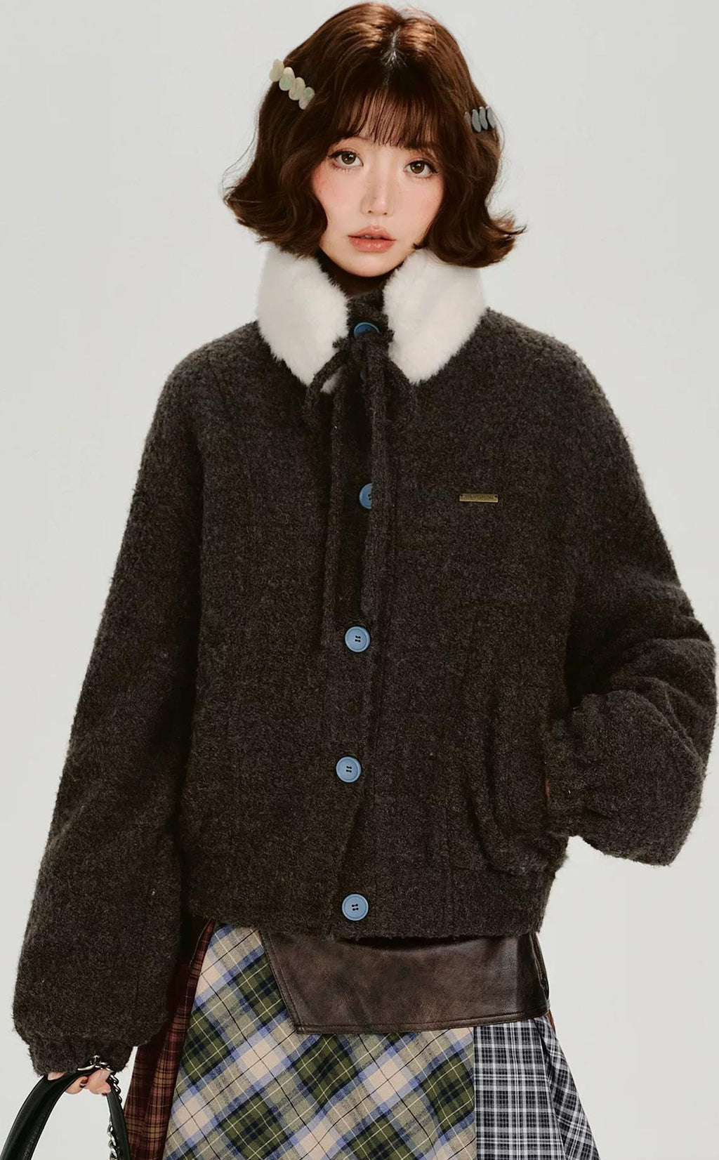 Girlyhalo |  RETRO FUR COLLAR TWEED JACKET【ID:TN00012】