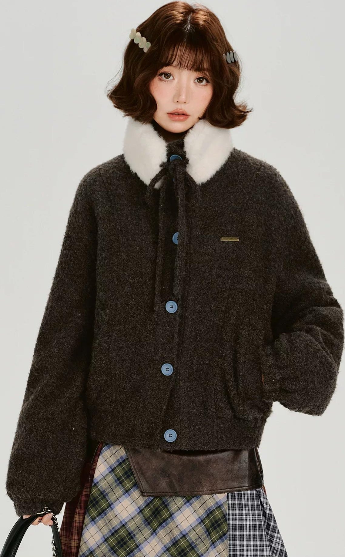 Girlyhalo |  RETRO FUR COLLAR TWEED JACKET【ID:TN00012】