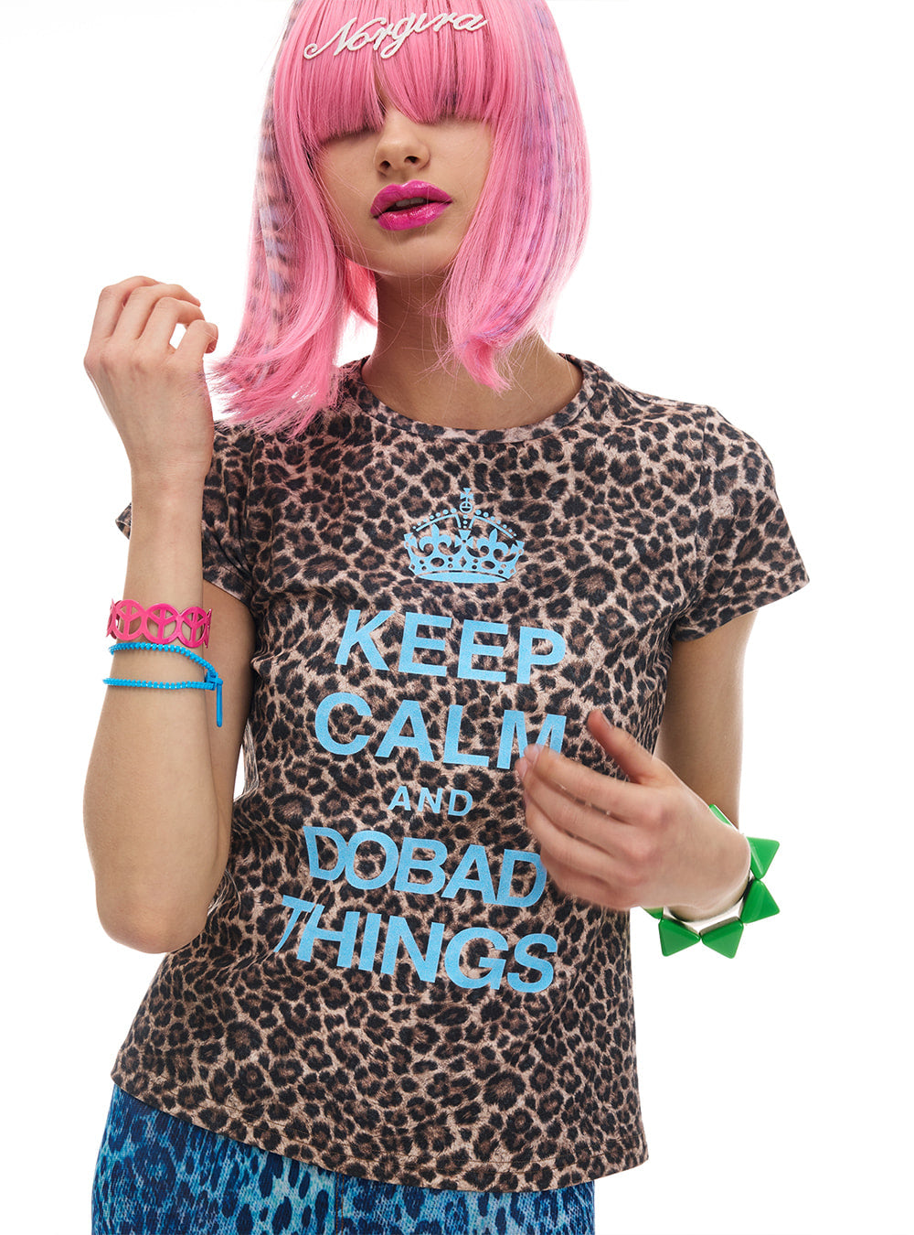 Blue Crown Leopard Slogan Top