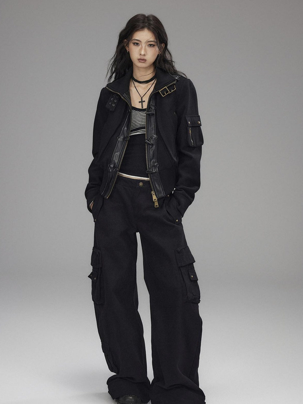 Washed Low Rise Wide Leg Utility Loose Fit Womens Black Cargo Pants