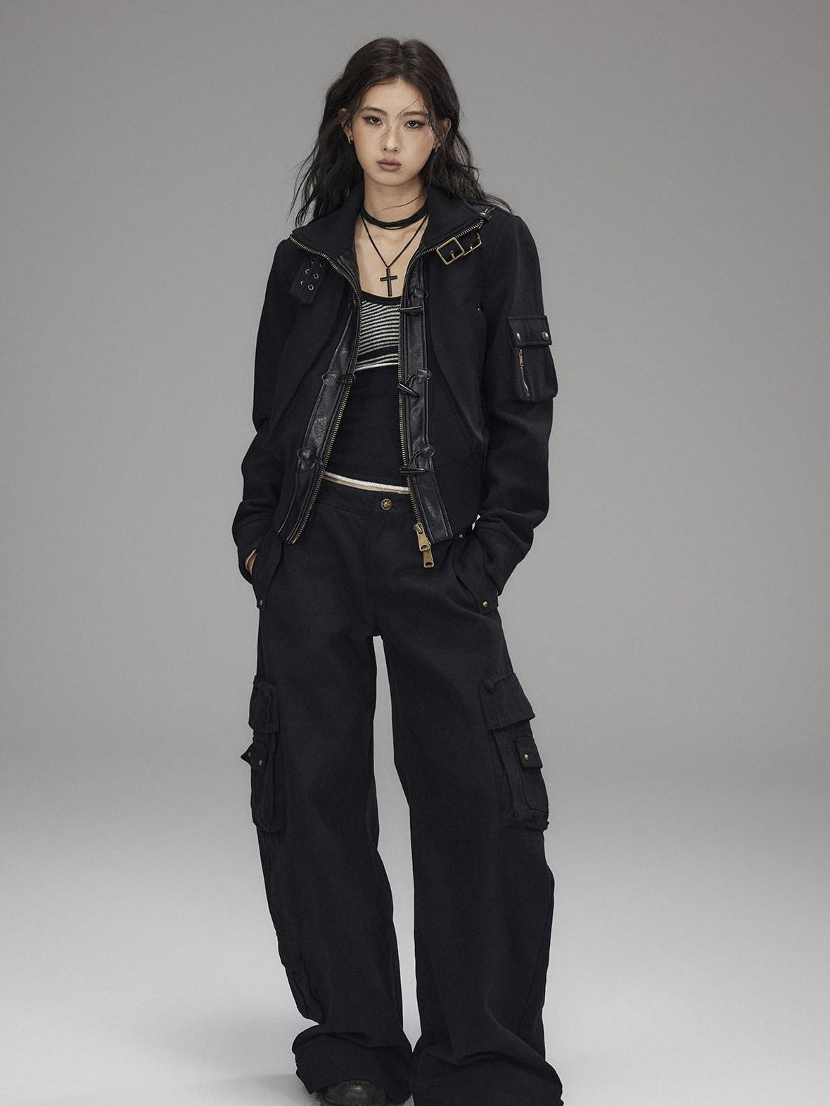 Washed Low Rise Wide Leg Utility Loose Fit Womens Black Cargo Pants