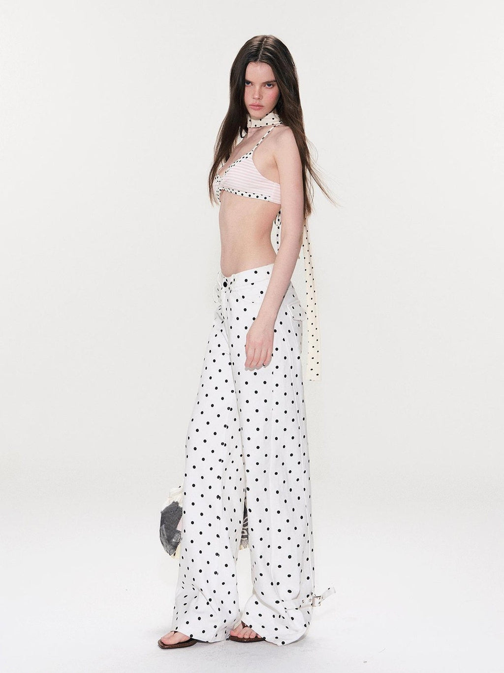 White Polka Dot V Waist Loose Fit Button Fly Women Denim Straight Leg Jeans